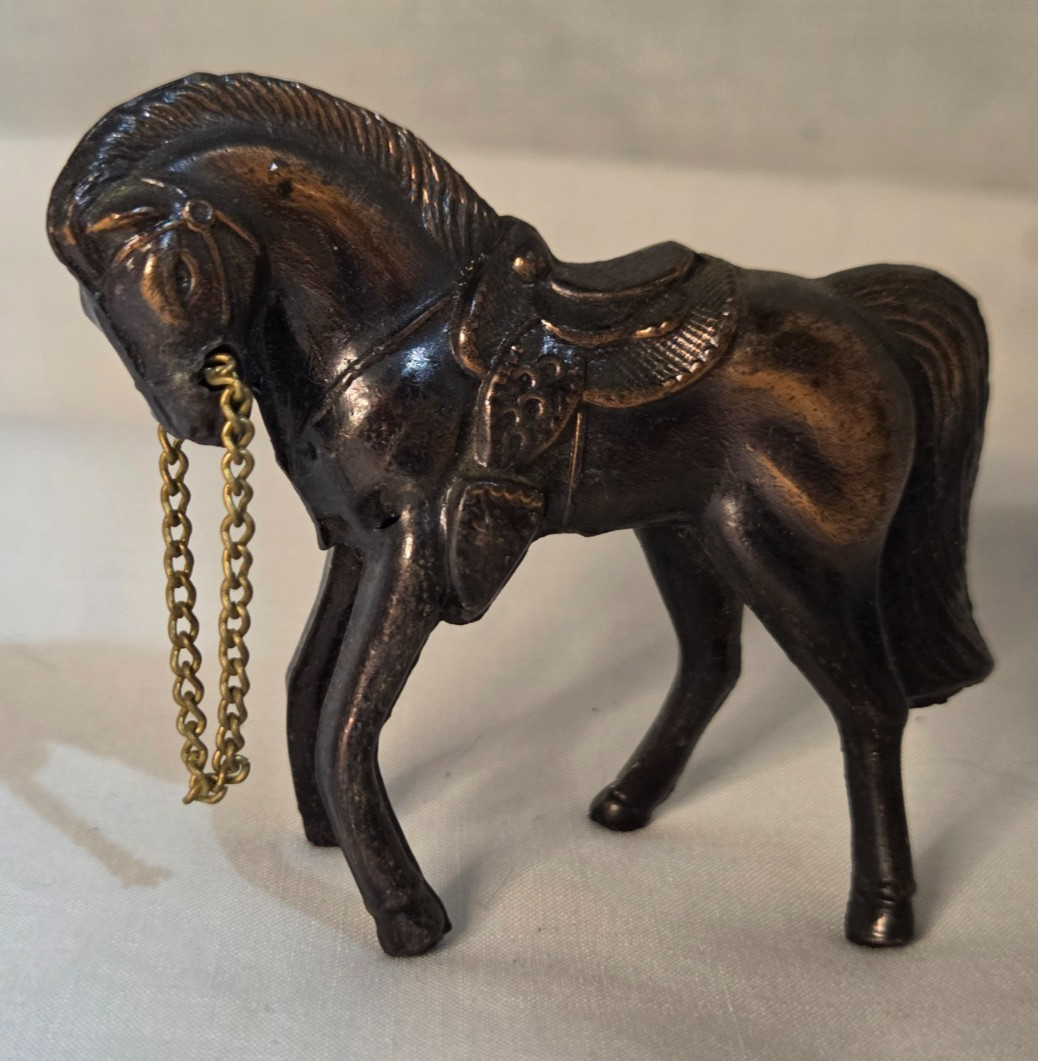 Vintage Miniature Cast Pot Metal Western Horse Figurine Bridle Chain Japan 2.5\ Vintage Miniature Cast Pot Metal Western Horse Figurine Bridle Chain Japan 2.5\