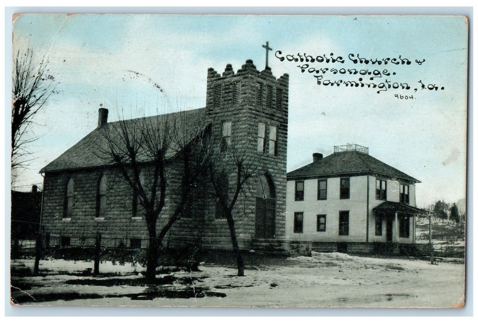 1912 Catholic Church & Parsonage Building Cross Tower Farmington Iowa Postcard
