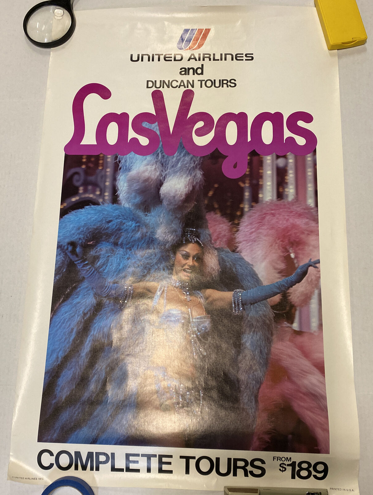 Vintage 1970s United Airline LAS VEGAS Travel Poster 25x40 Duncan Tours Showgirl
