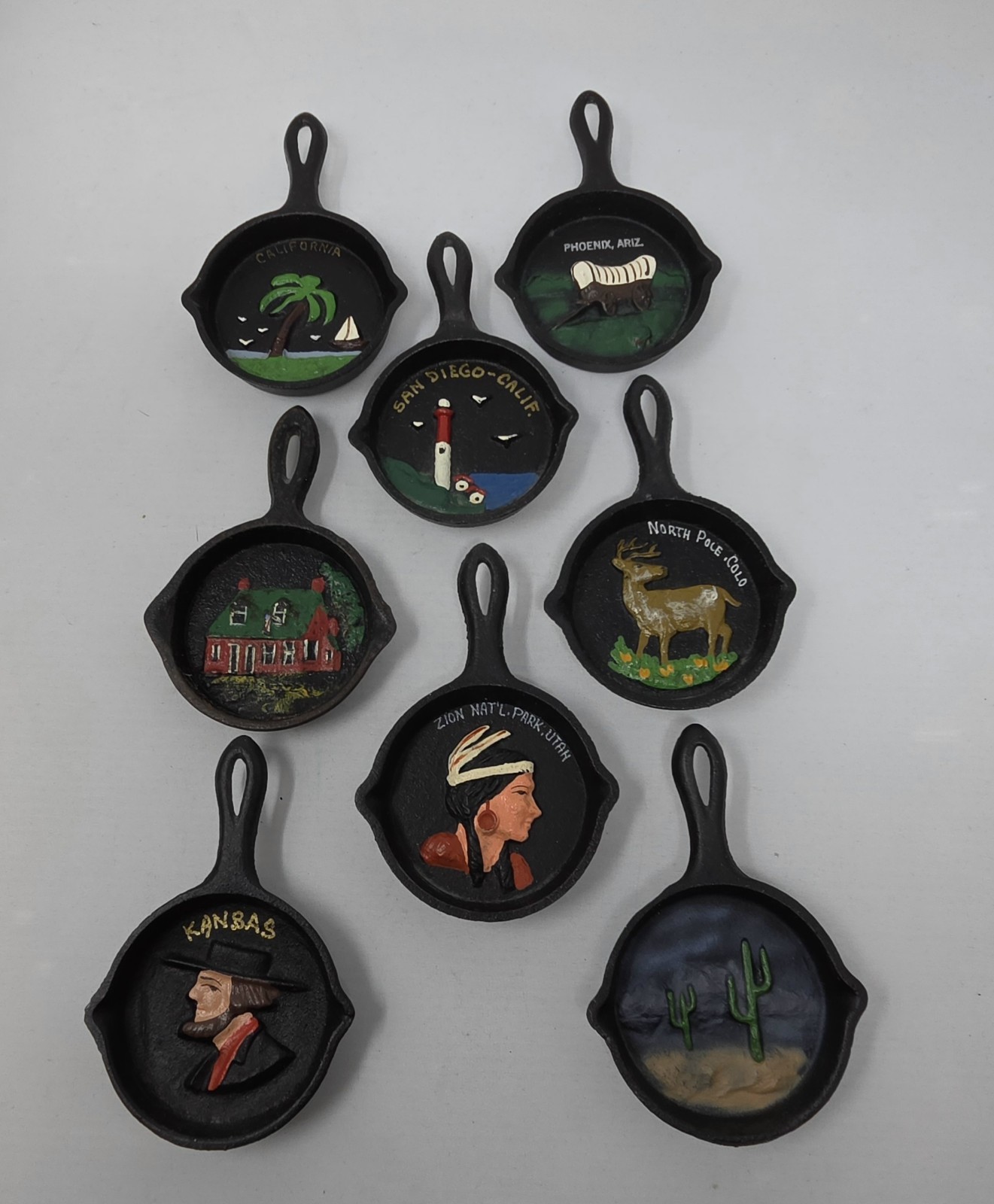 8 Vintage Miniature Souvenir CAST IRON Skillets 8 Vintage Miniature Souvenir CAST IRON Skillets