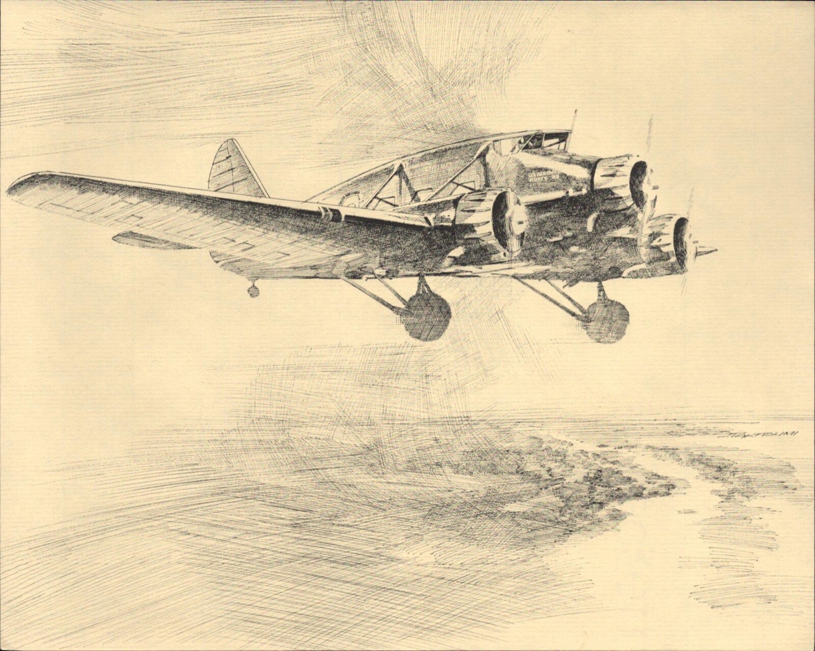 DELTA AIR LINES STINSON MODEL-A US Air Mail Plane art print FRED TAKASUMI (1979) DELTA AIR LINES STINSON MODEL-A US Air Mail Plane art print FRED TAKASUMI (1979)