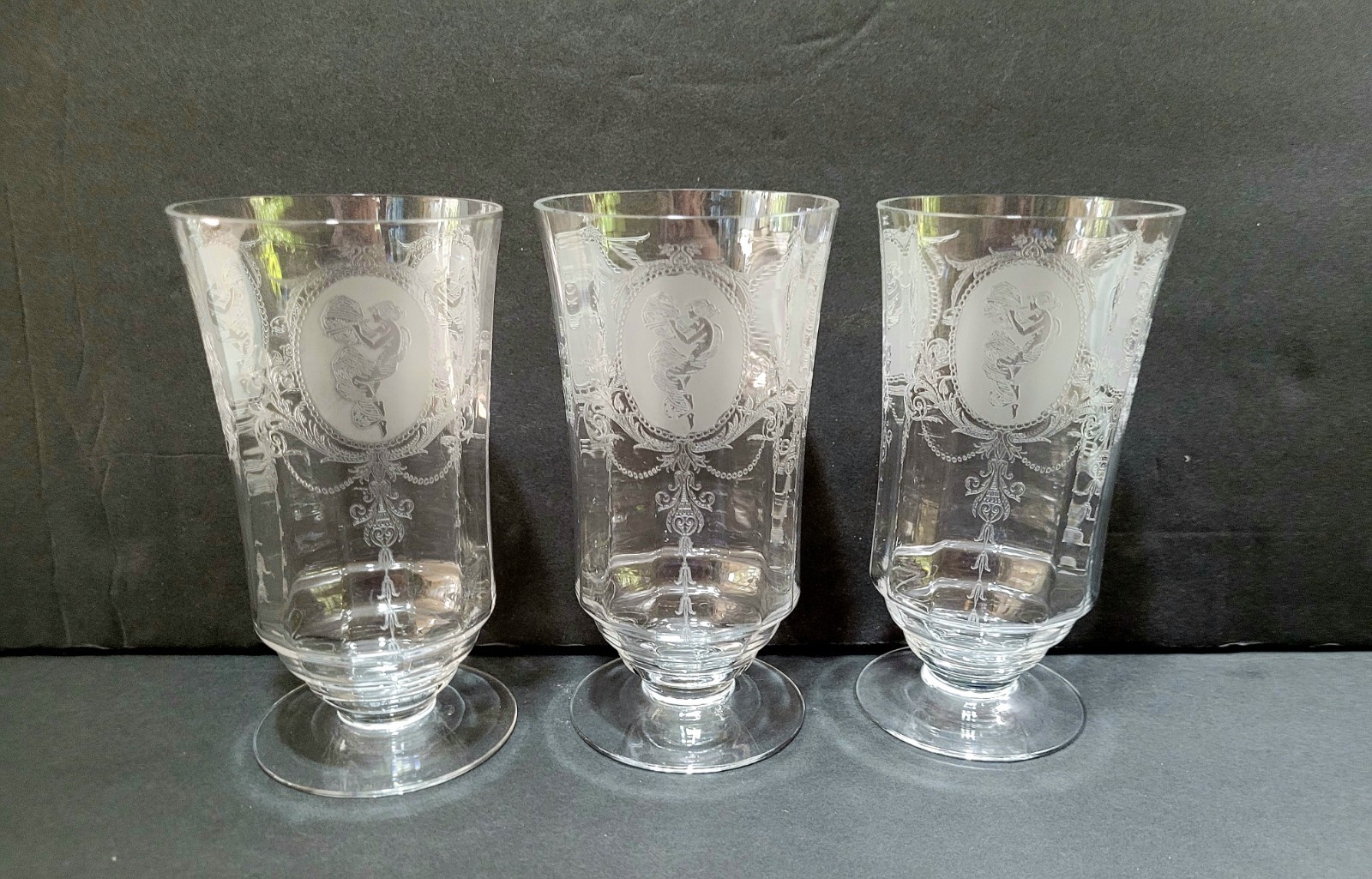 3 Antique Nude Dancing Nymph Lady Etched Tumbler Glass Set Tiffin? C. 1920\'s HTF 3 Antique Nude Dancing Nymph Lady Etched Tumbler Glass Set Tiffin? C. 1920\'s HTF
