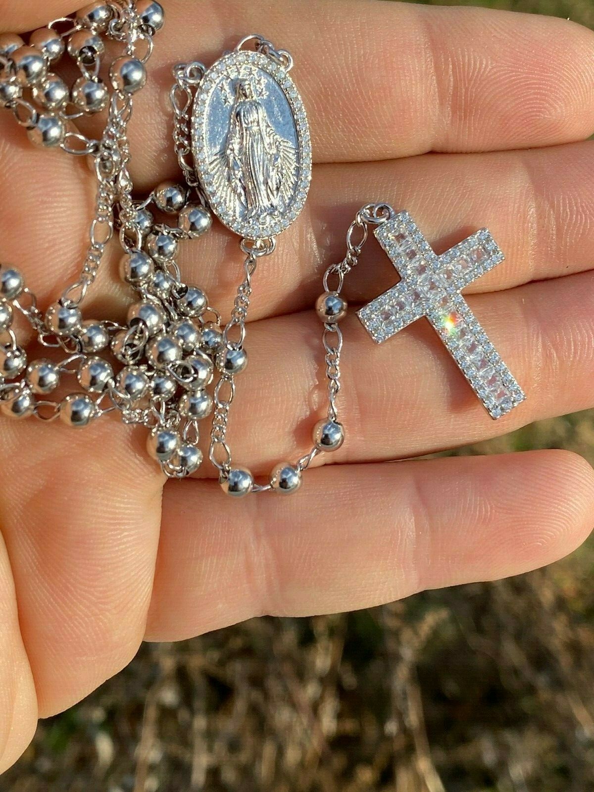 Rosary Beads Necklace Real Solid 925 Sterling Silver Rosario CZ Baguette ITALY