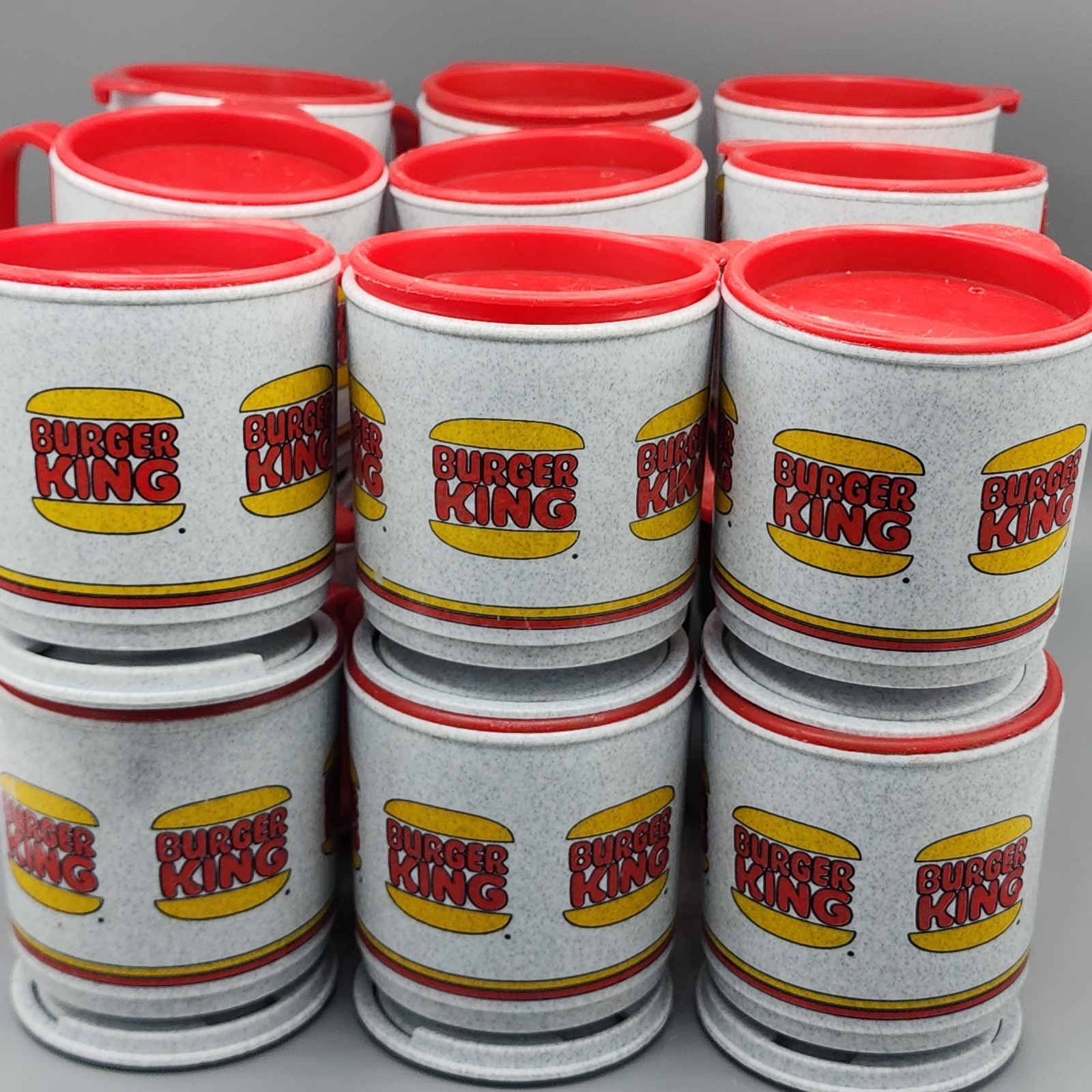 Vintage 80s Burger King Plastic Travel Coffee Mug Lot of 18 with Lids & Saucers Vintage 80s Burger King Plastic Travel Coffee Mug Lot of 18 with Lids & Saucers