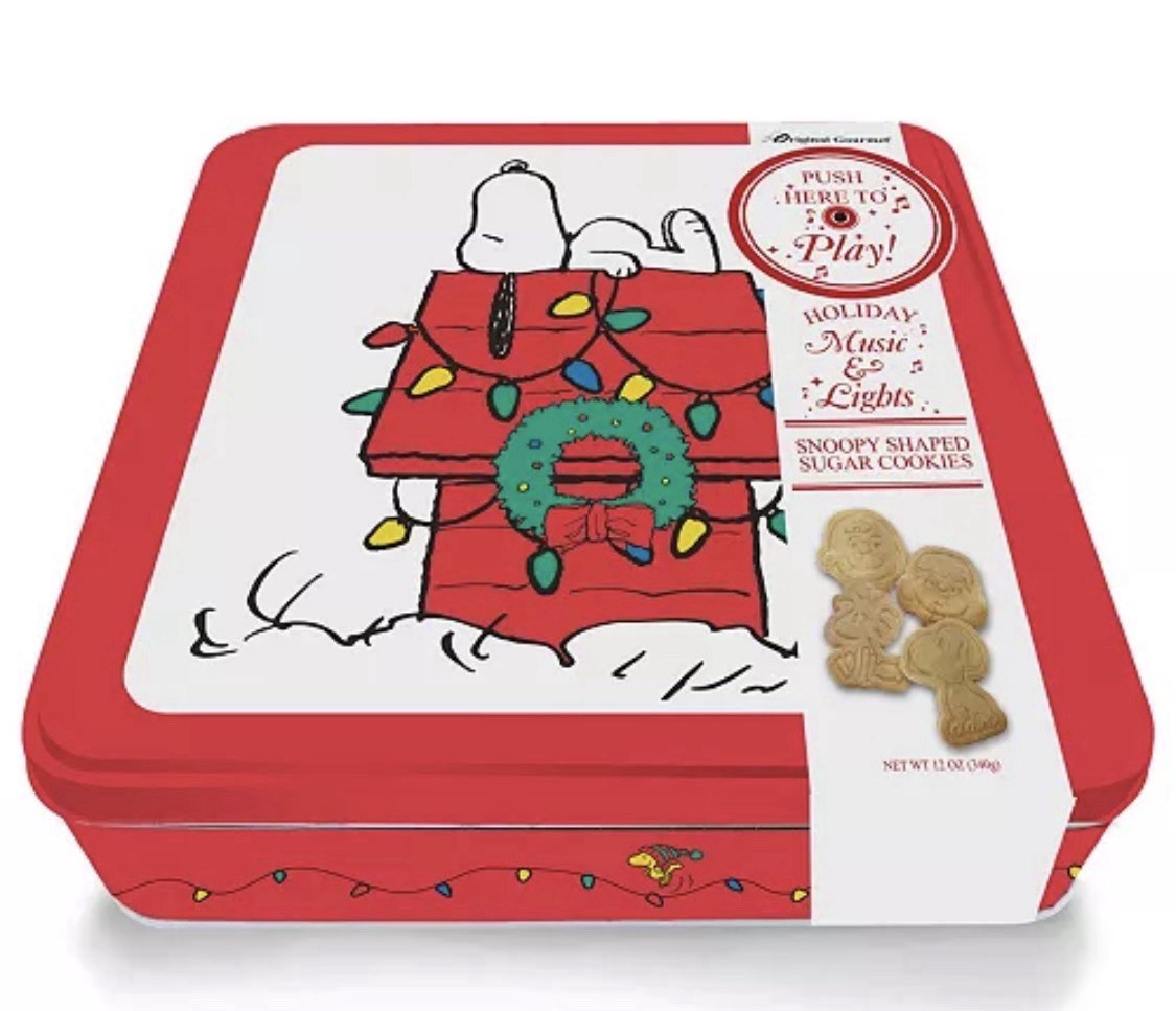 PEANUTS Snoopy Christmas Holiday Cookie Tin with Lights & Music New Unopened