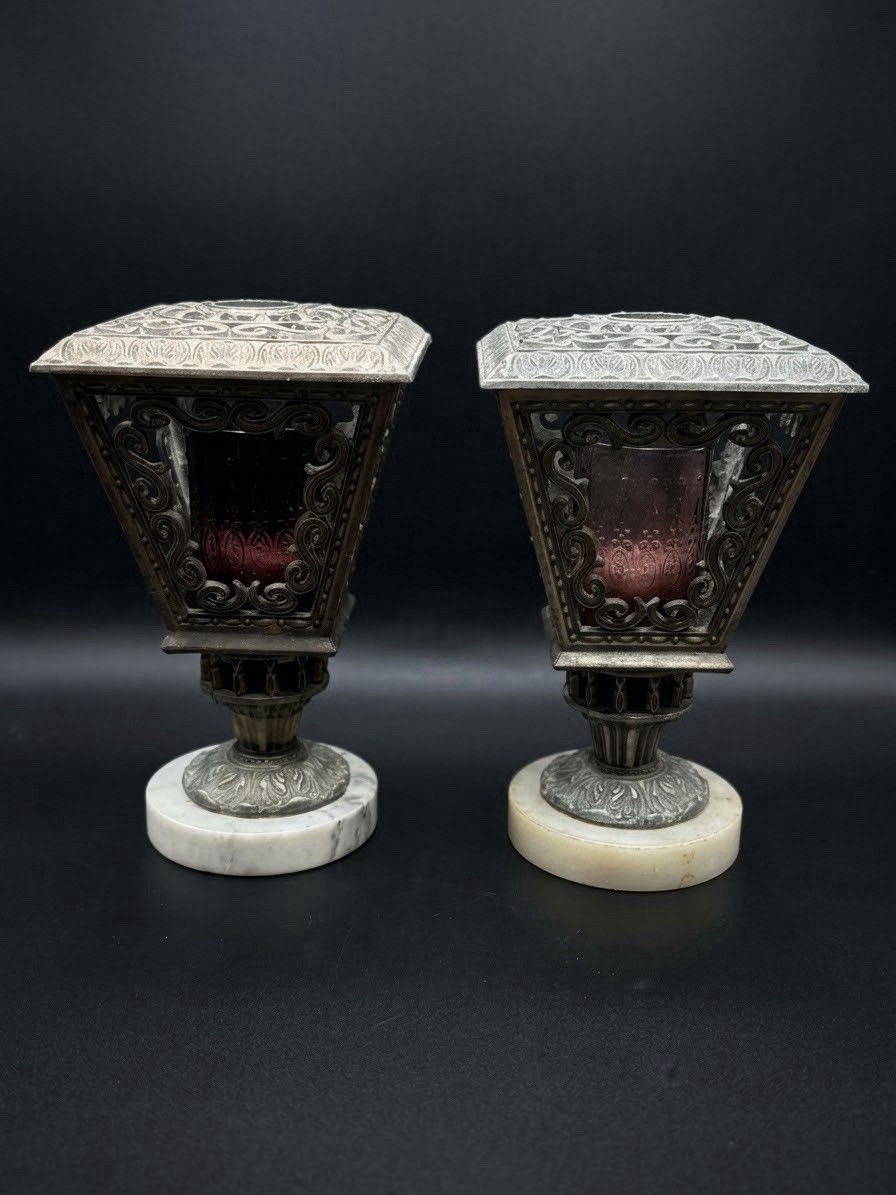 Vintage Italian Ornate Carriage Coach Lamps Chicago Candle Corp 1956 Marble Pair