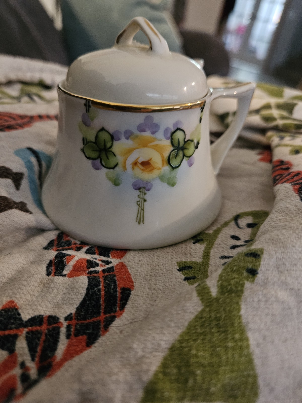 Antique Nippon Hand Painted Mustard Pot Lid & Spoon Green Crown Mark Floral Gold Antique Nippon Hand Painted Mustard Pot Lid & Spoon Green Crown Mark Floral Gold