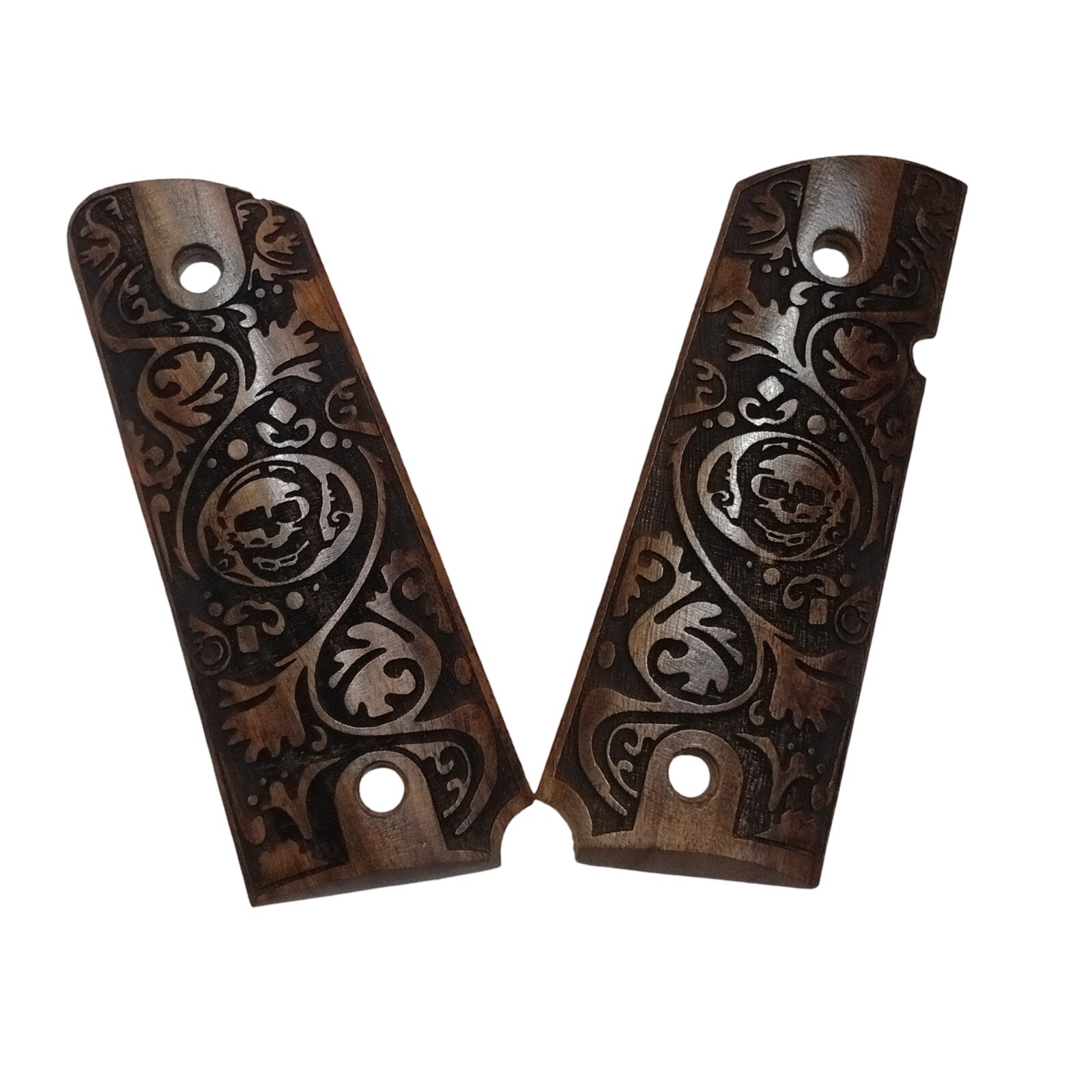 .45 US Army M1911 Colt Walnut Wood Pistol Grips – Vine Design & Vintage Skull .45 US Army M1911 Colt Walnut Wood Pistol Grips – Vine Design & Vintage Skull