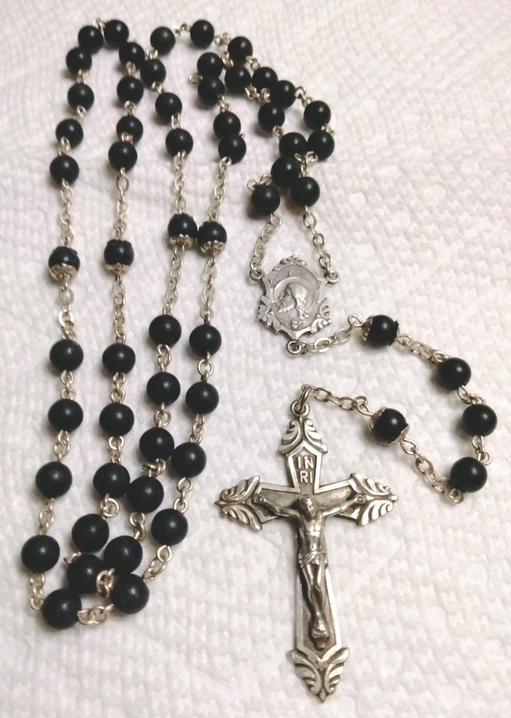 Antique Sterling Silver & Ebony Bead Rosary Sacred Heart Of Jesus Center Antique Sterling Silver & Ebony Bead Rosary Sacred Heart Of Jesus Center