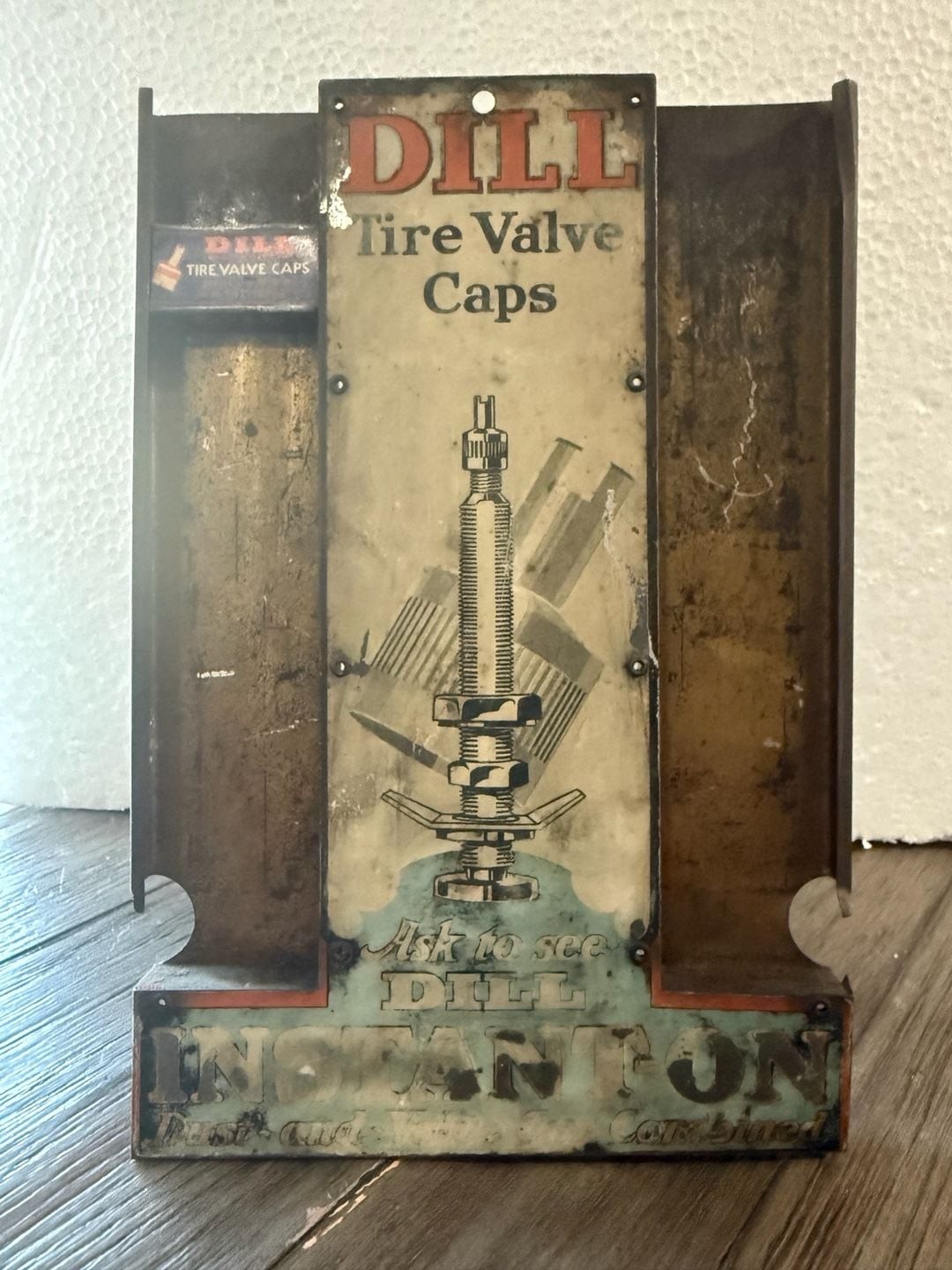 Vintage Dill Tire Valve Caps Metal Display Sign Vintage Dill Tire Valve Caps Metal Display Sign