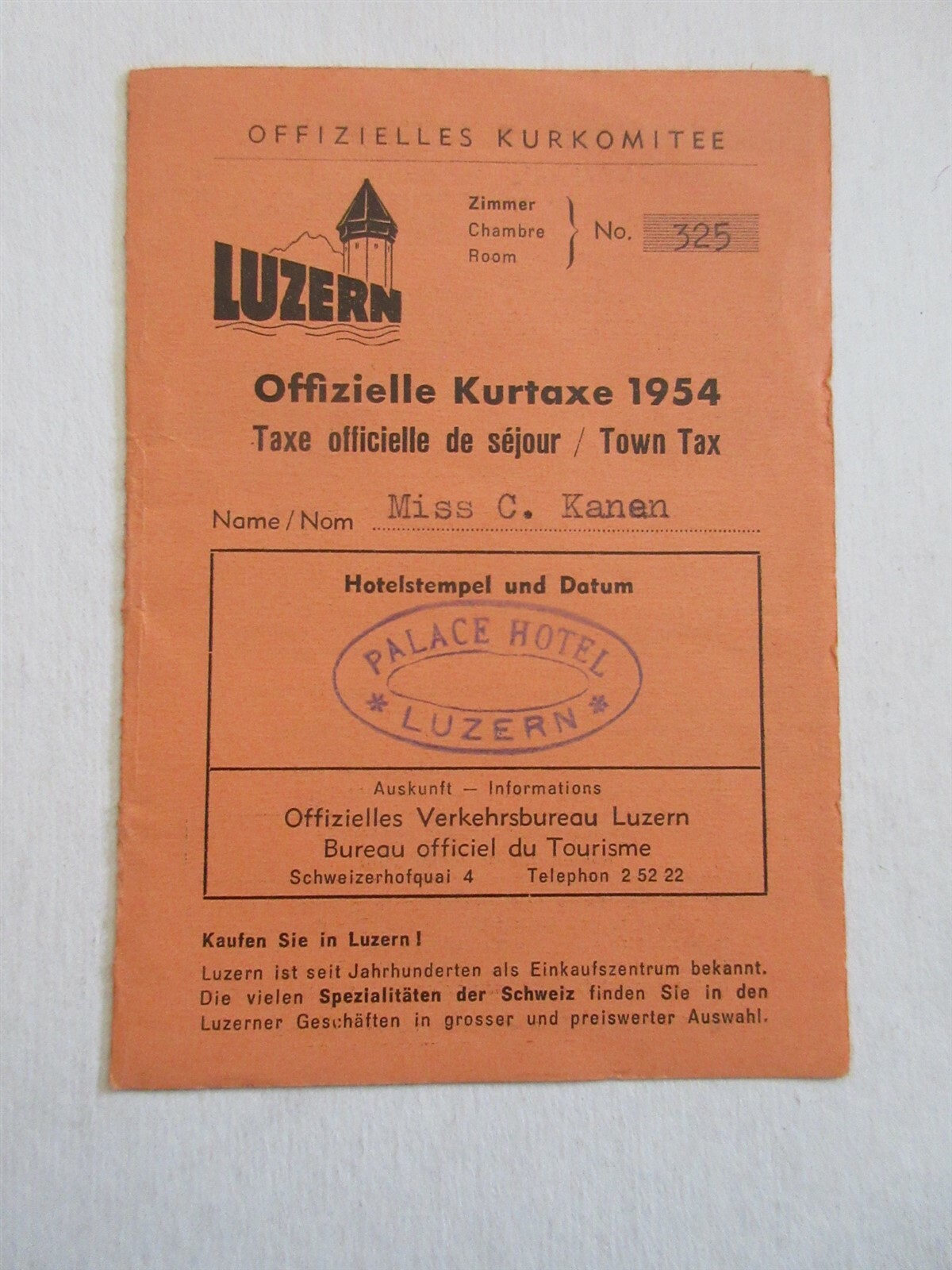 Vintage 1954 Palace Hotel Luzerne Switzerland check in brochure booklet map Vintage 1954 Palace Hotel Luzerne Switzerland check in brochure booklet map