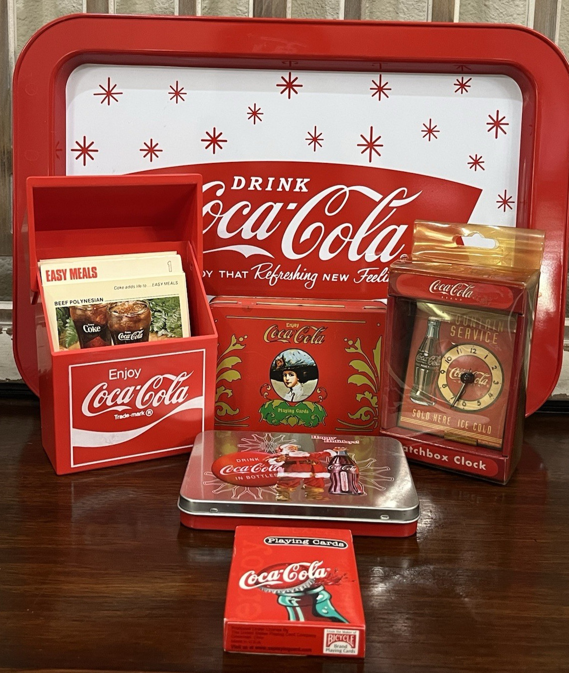 Vintage Coca-Cola Collector Lot Tray Recipe Box Playing Cards Tins NOS Clock Vintage Coca-Cola Collector Lot Tray Recipe Box Playing Cards Tins NOS Clock