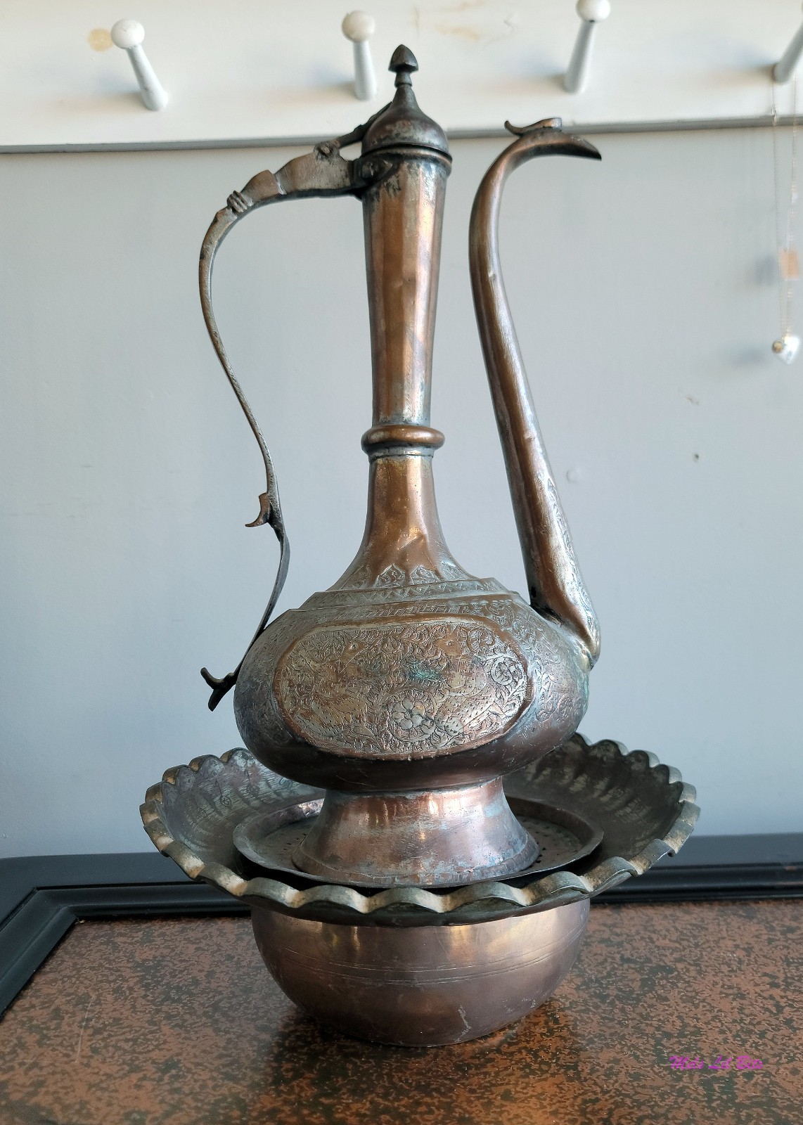 Antique Copper Engraved Pitcher and Basin Set Late 19th Early 20th Century
