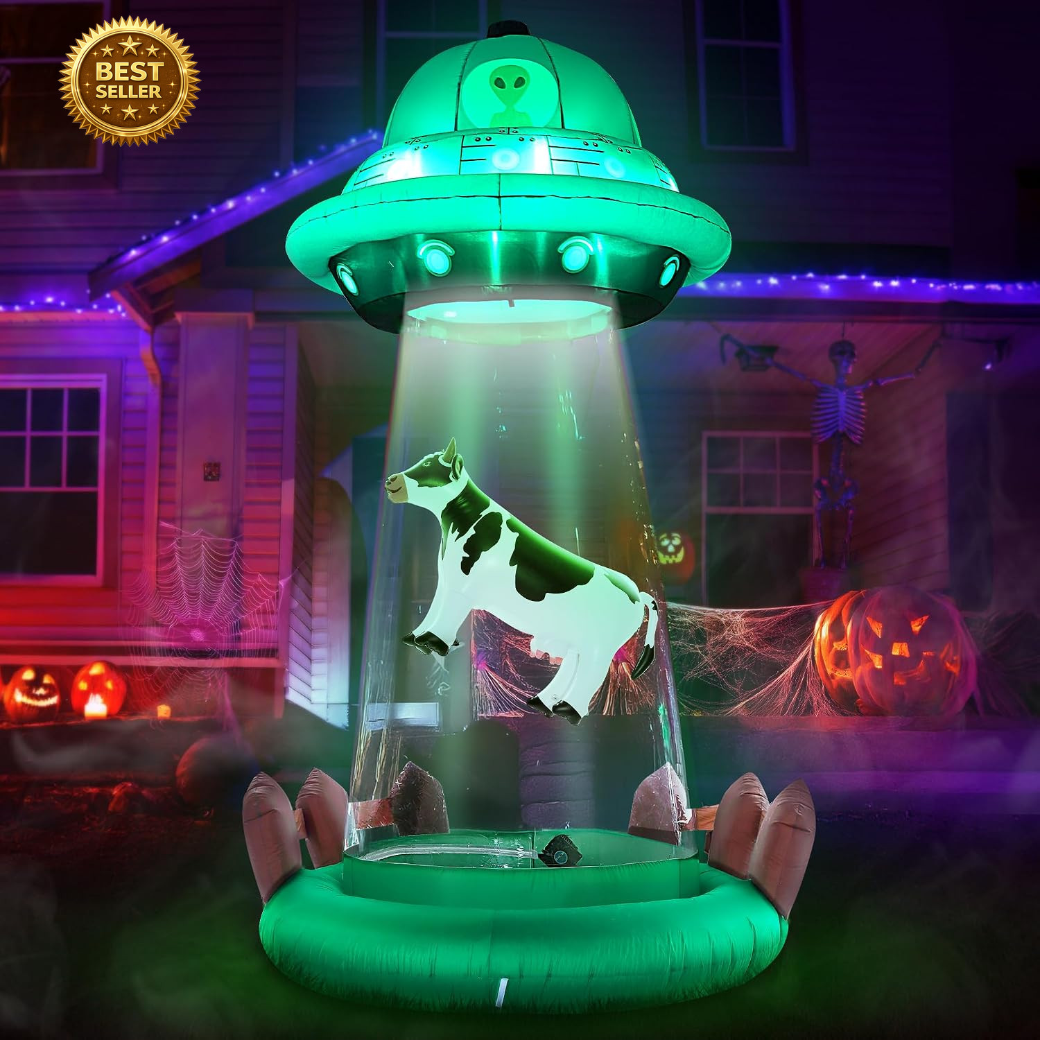 10 FT Halloween Inflatables UFO with Floating Cow Outdoor Decorations