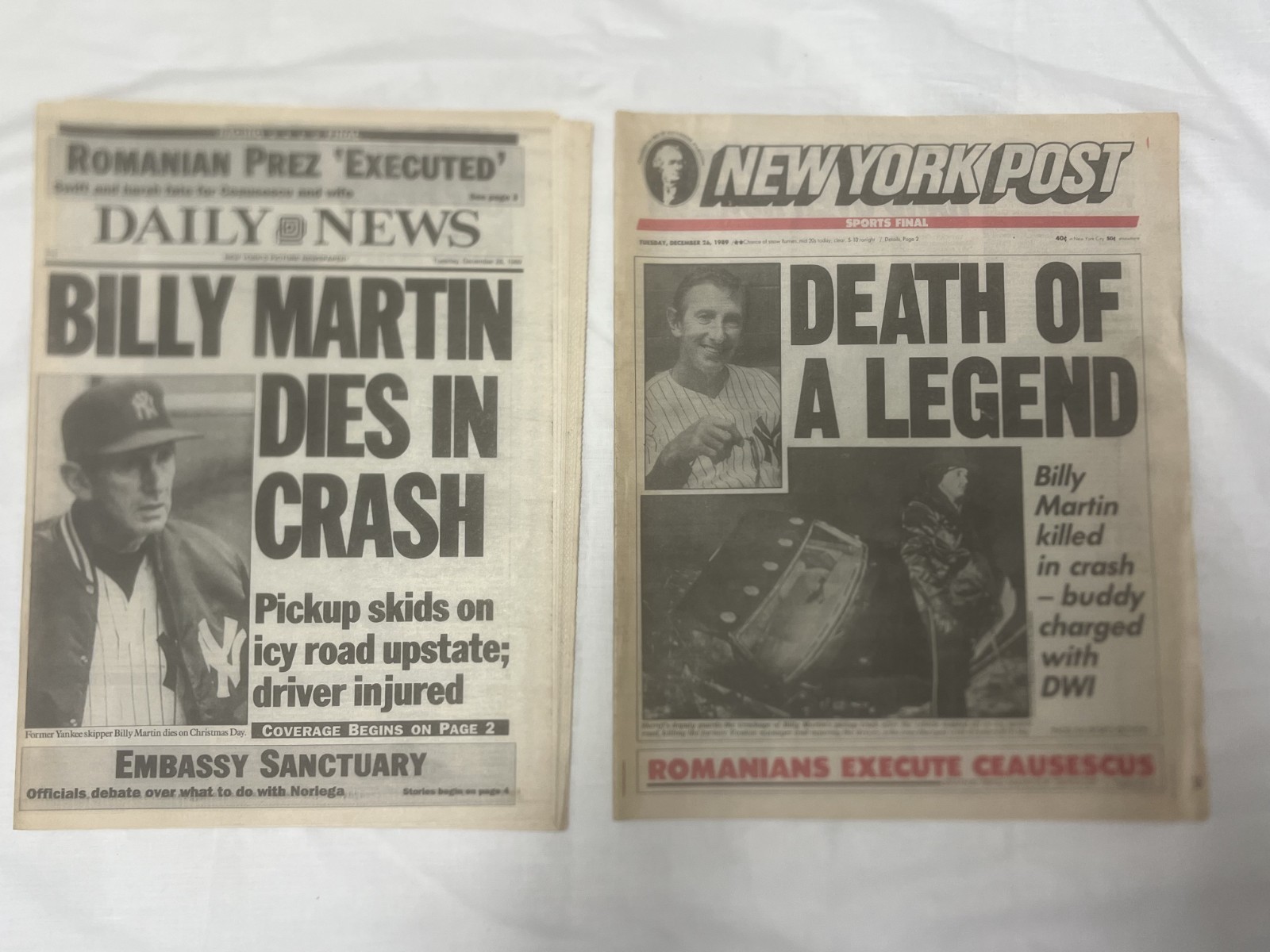 NY Daily News & Post 12/26/89 Billy Martin Dead Crash Yankees Vintage NY Daily News & Post 12/26/89 Billy Martin Dead Crash Yankees Vintage