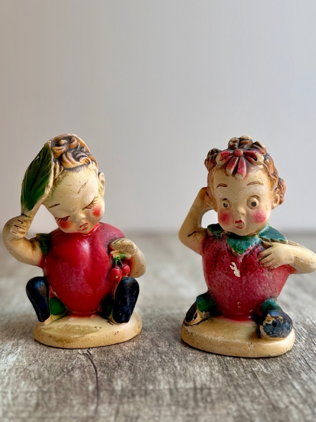 Vintage 1940 Chalkware Fruit People Pair Figurine Strawberry Cherry PeeGee