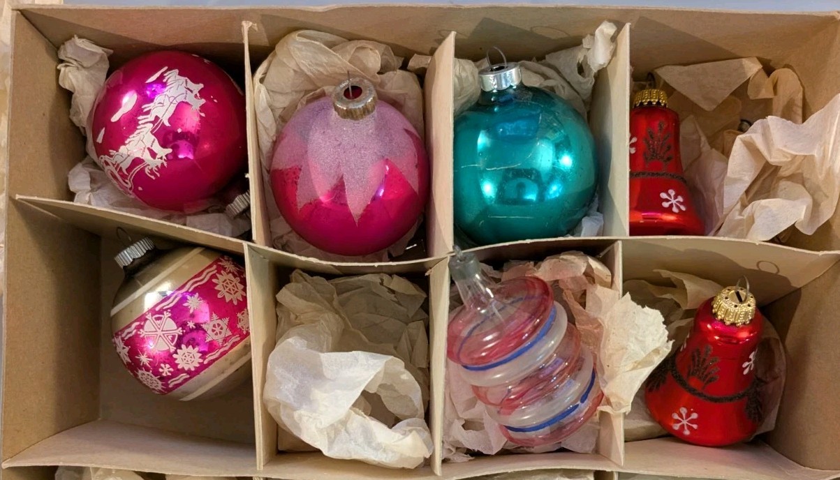 VTG Shiny Brite Glass Christmas Ornaments Lot 7 Stenciled Santa Sleigh Bells MCM