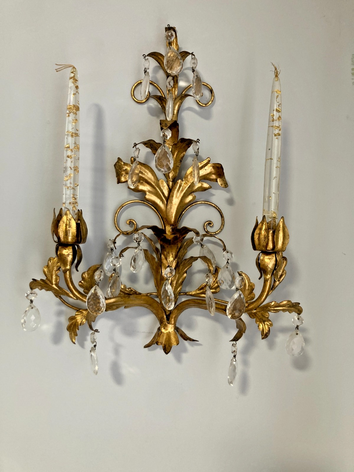 Vintage Mid Century Gold Tole Sconce w Lucite Gold Flake Candles & Crystals BIN Vintage Mid Century Gold Tole Sconce w Lucite Gold Flake Candles & Crystals BIN