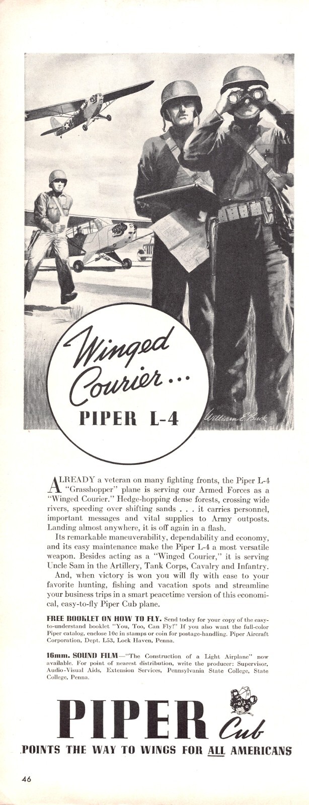 Piper Cub L4 Winged Courier Airplane Wings For All Americans Vtg Mag Print Ad Piper Cub L4 Winged Courier Airplane Wings For All Americans Vtg Mag Print Ad