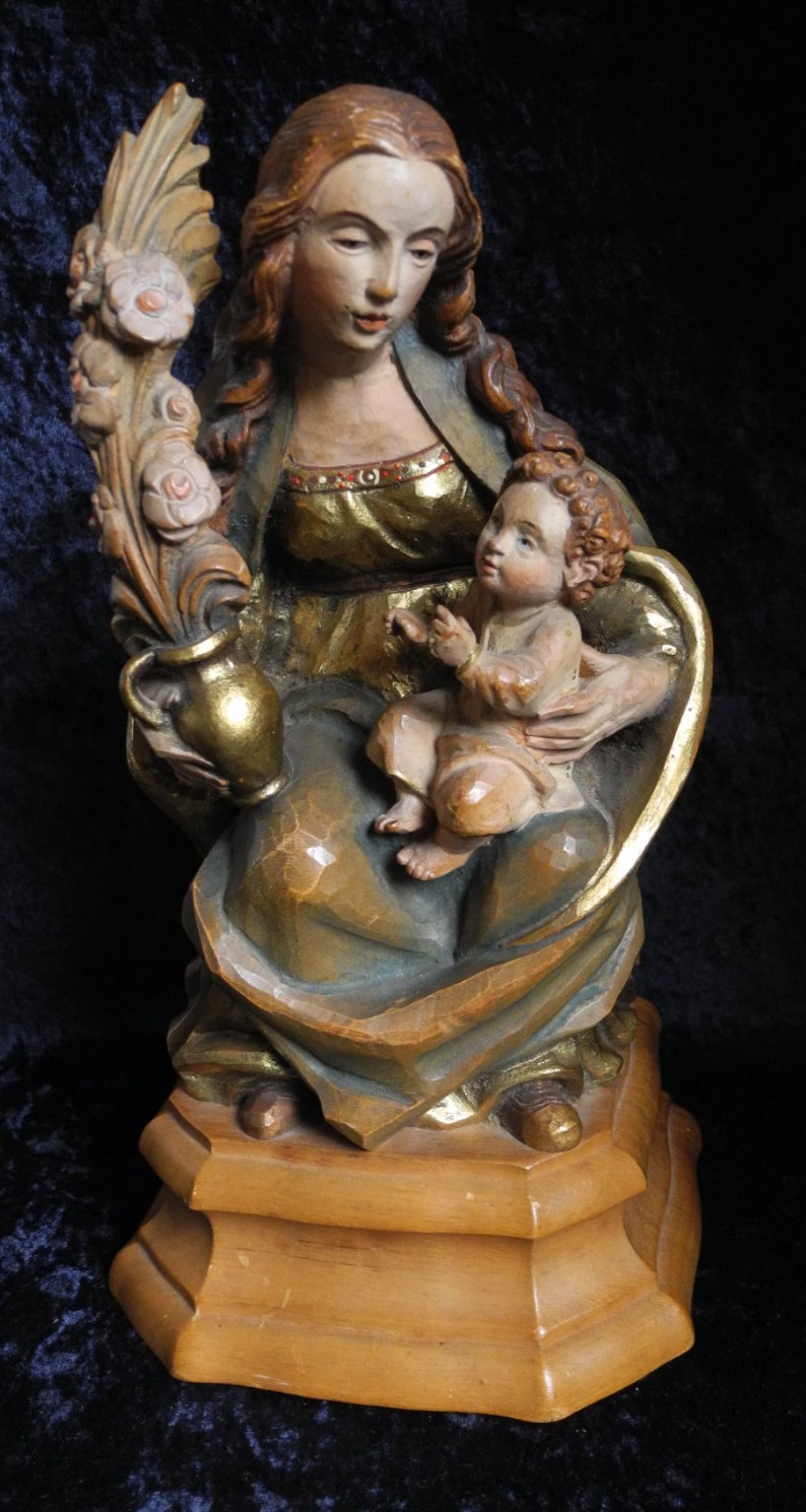 VINTAGE HAND-CARVED POLYCHROME WOODEN MADONNA & CHILD STATUE VIRGIN MARY ROSE