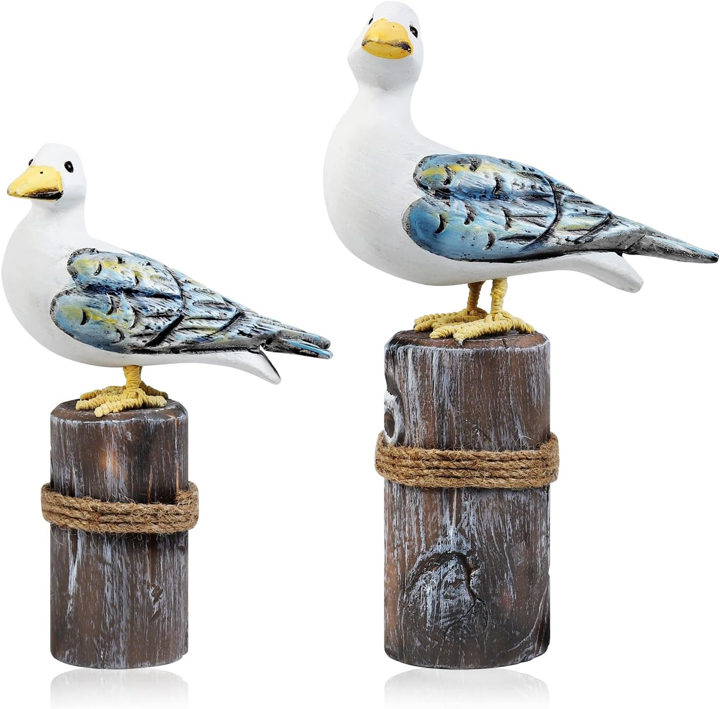 2Pcs Wooden Seagull Figurine on Piling Mediterranean Style Sea Bird Statue Craft