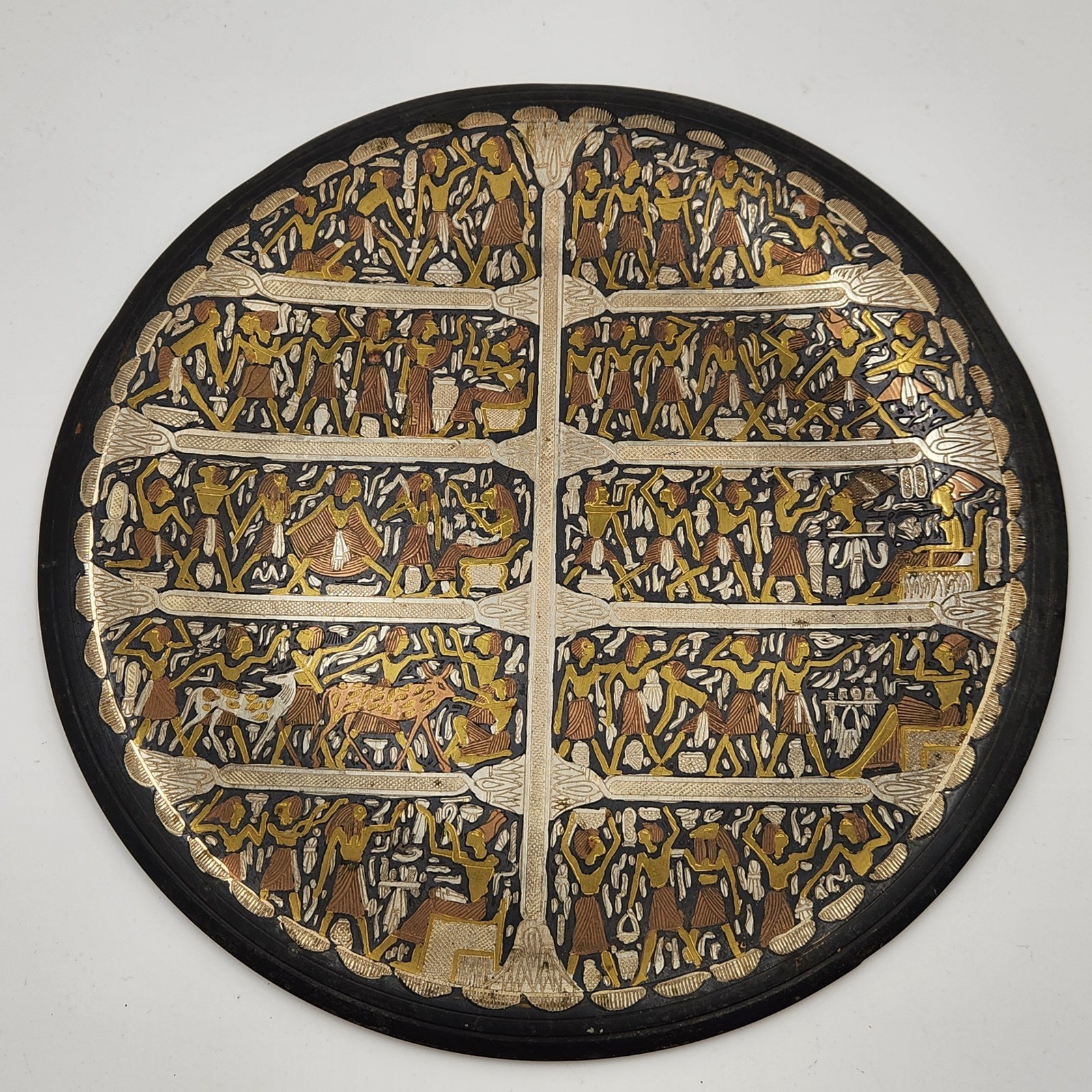 VTG Egyptian Pharaoh Wall Plate Boho Eclectic Revival Mixed Metal Inlay Art 10