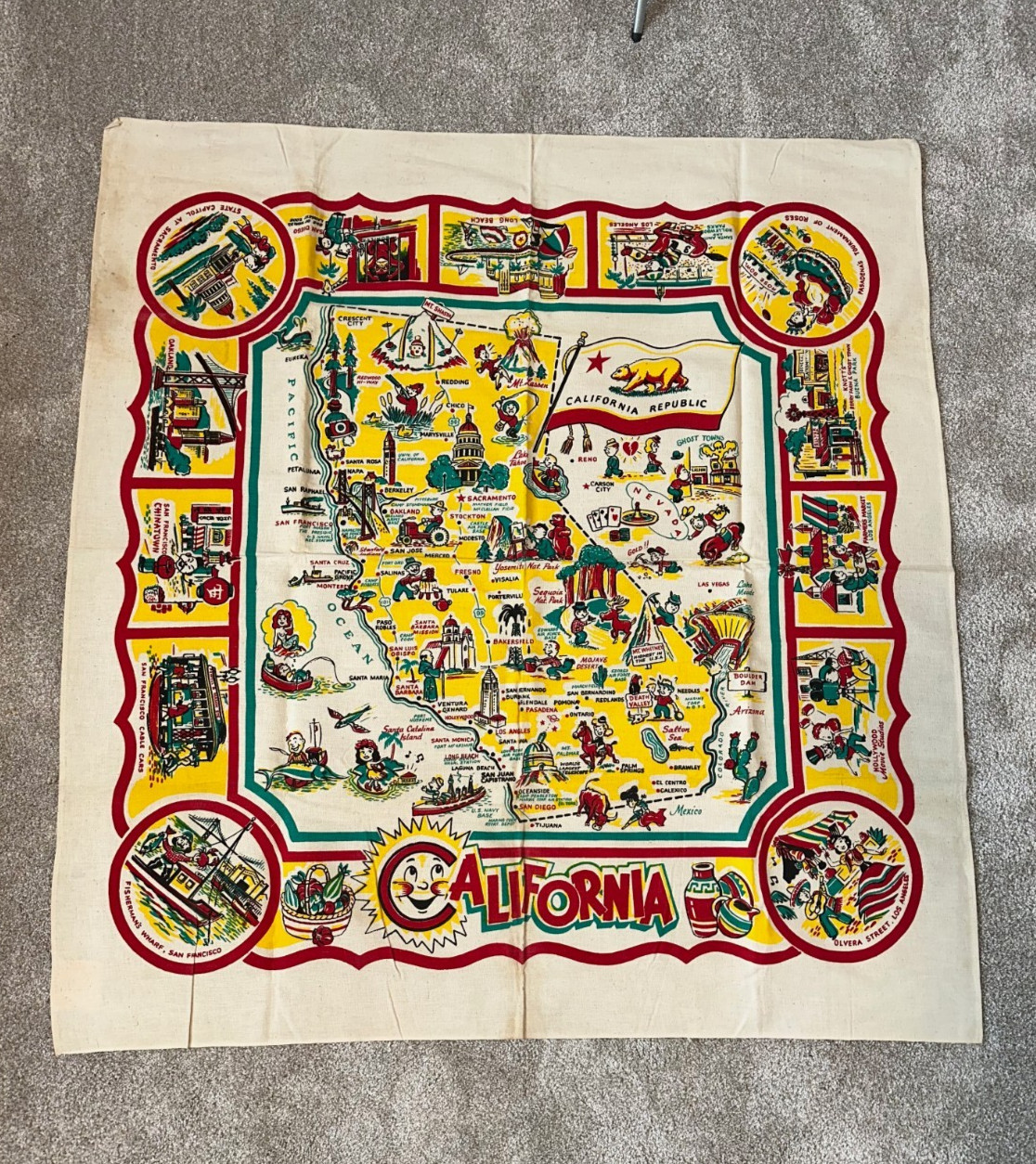 NOS Vintage 1950's California Souvenir State Cactus Cloth Tablecloth Table Cloth