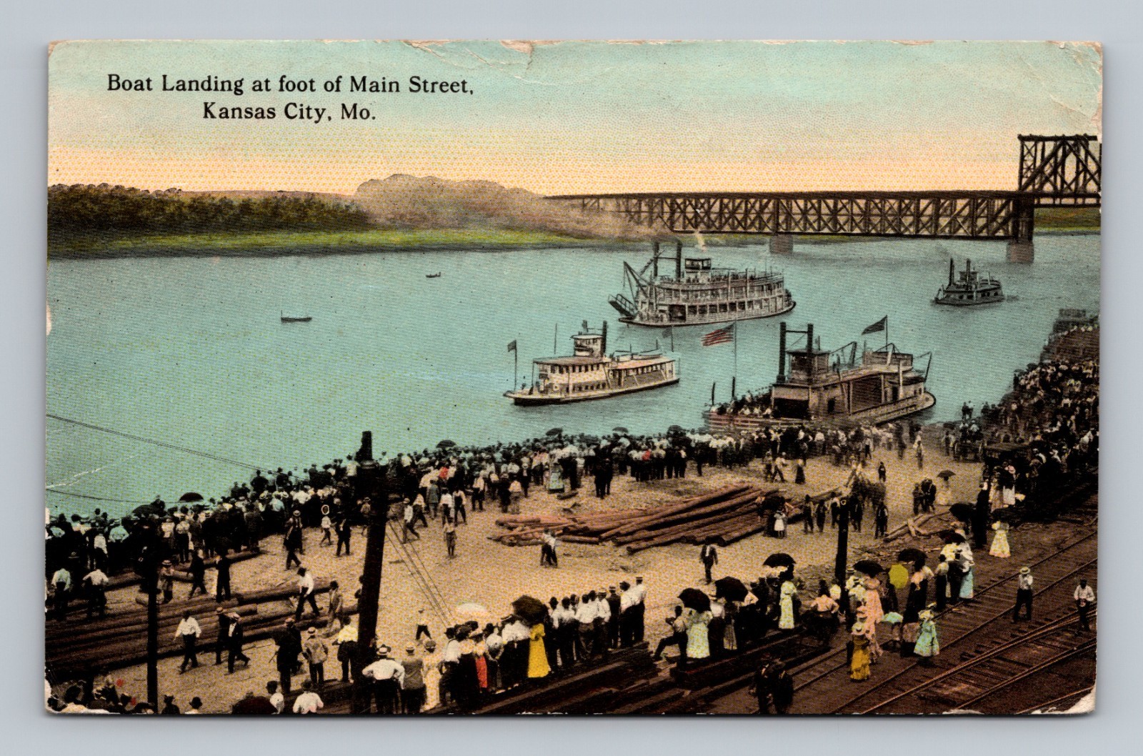 Kansas City MO Boat Landing Main Street Steamboats River Antique Postcard Kansas City MO Boat Landing Main Street Steamboats River Antique Postcard