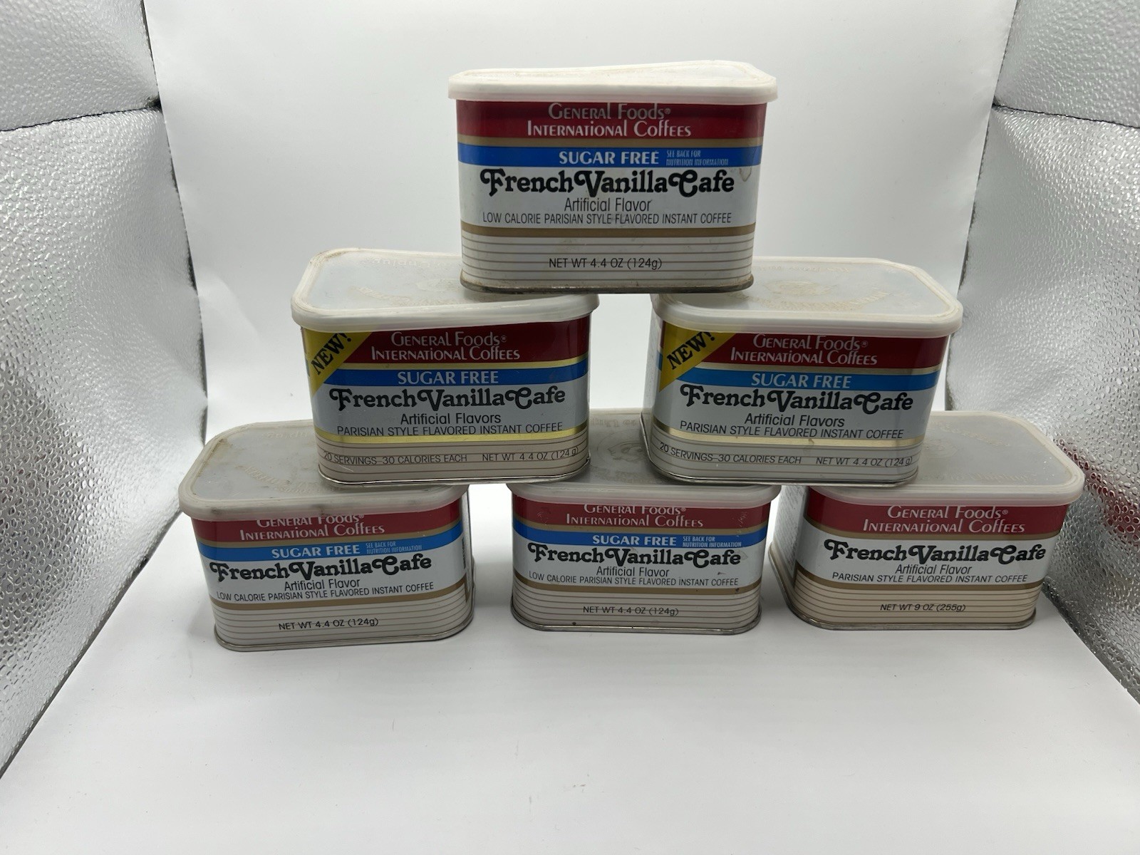 Lot of 6 Vtg 80s General Foods Sugar Free French Vanilla Coffee Tins Lot of 6 Vtg 80s General Foods Sugar Free French Vanilla Coffee Tins