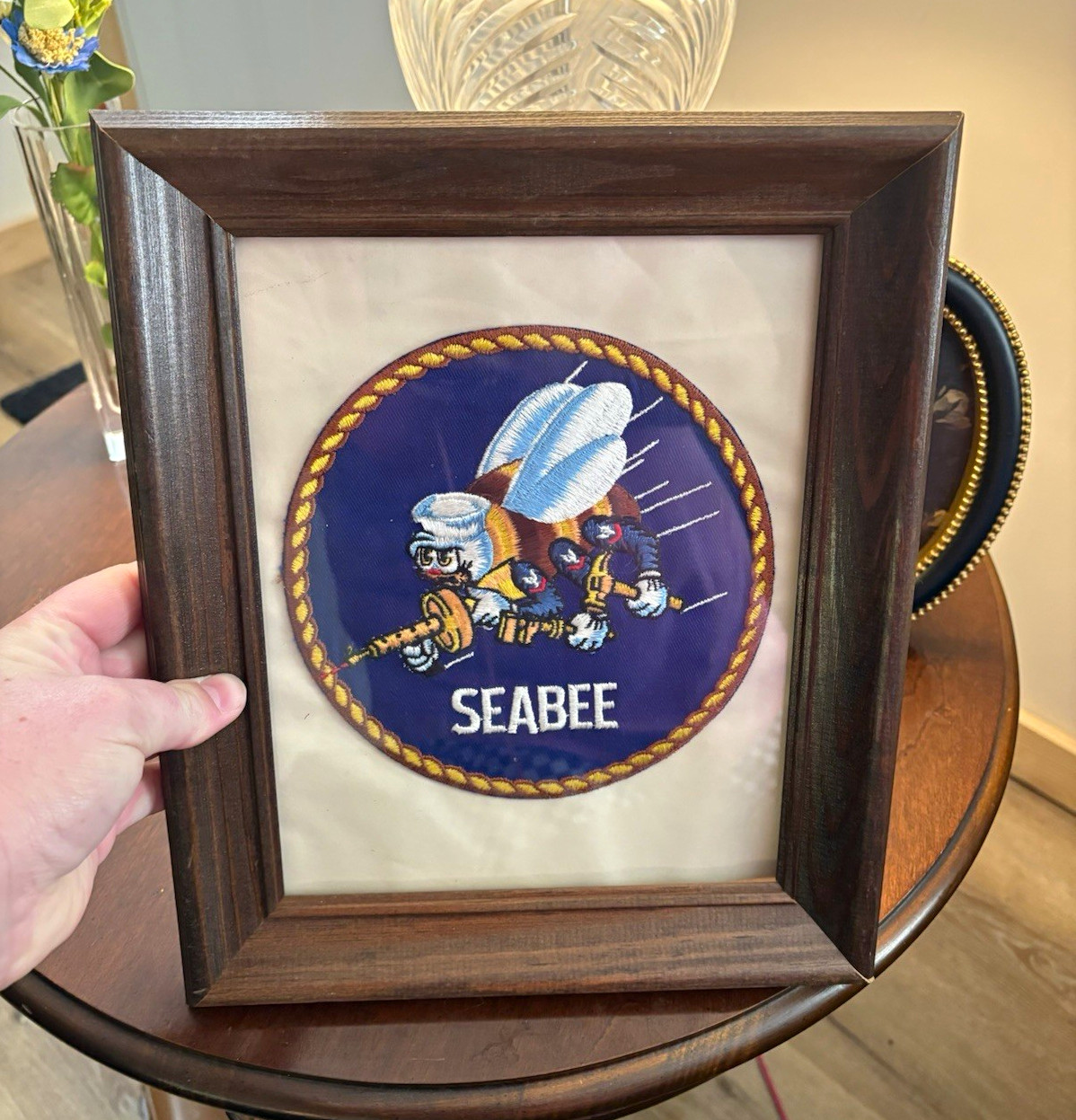 US Navy Seabee Militaria Patch/Insignia Framed in Wood Frame, 6.5\