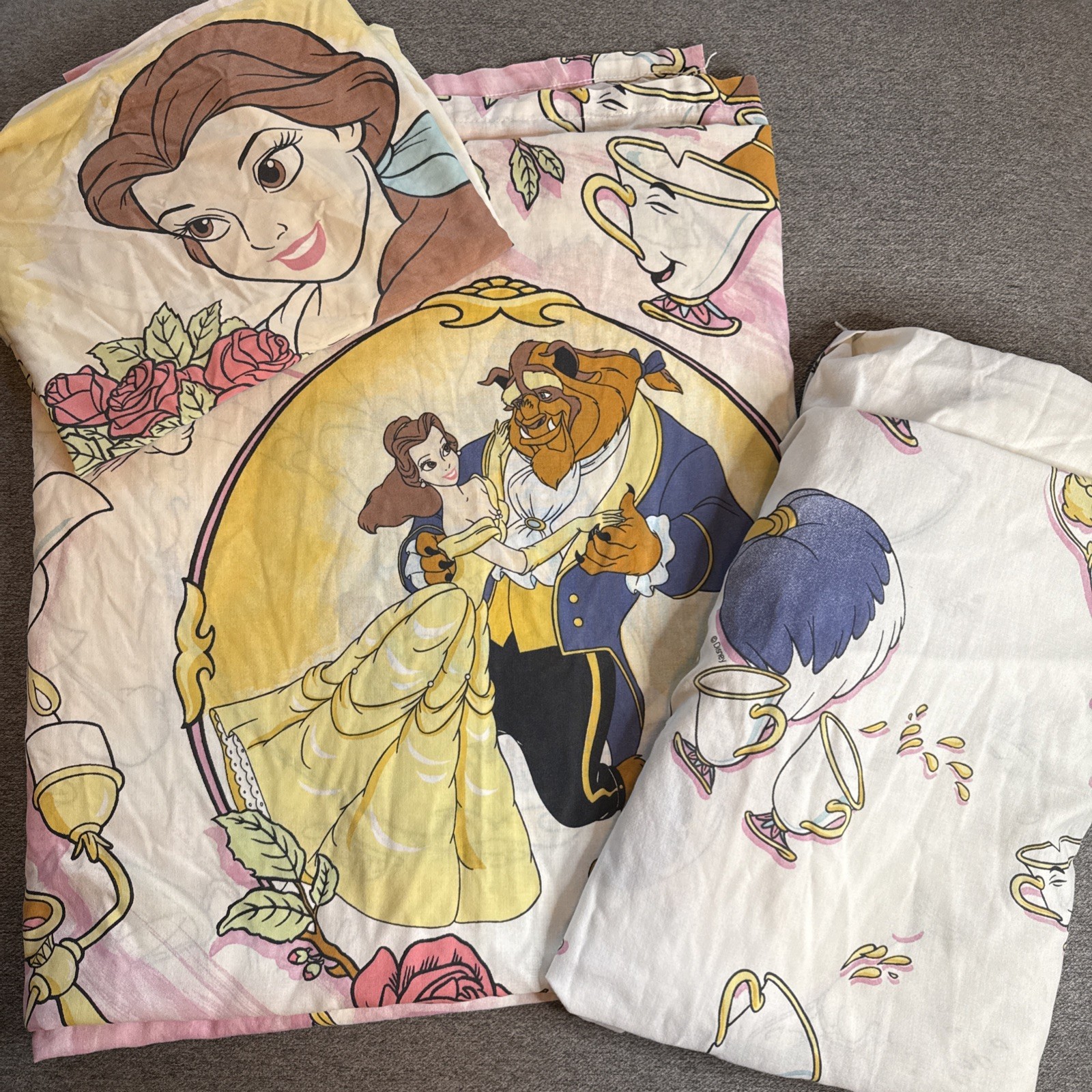 VTG 90s Disney Beauty And The Beast Twin Pillowcase, Fitted Flat Sheet Set READ