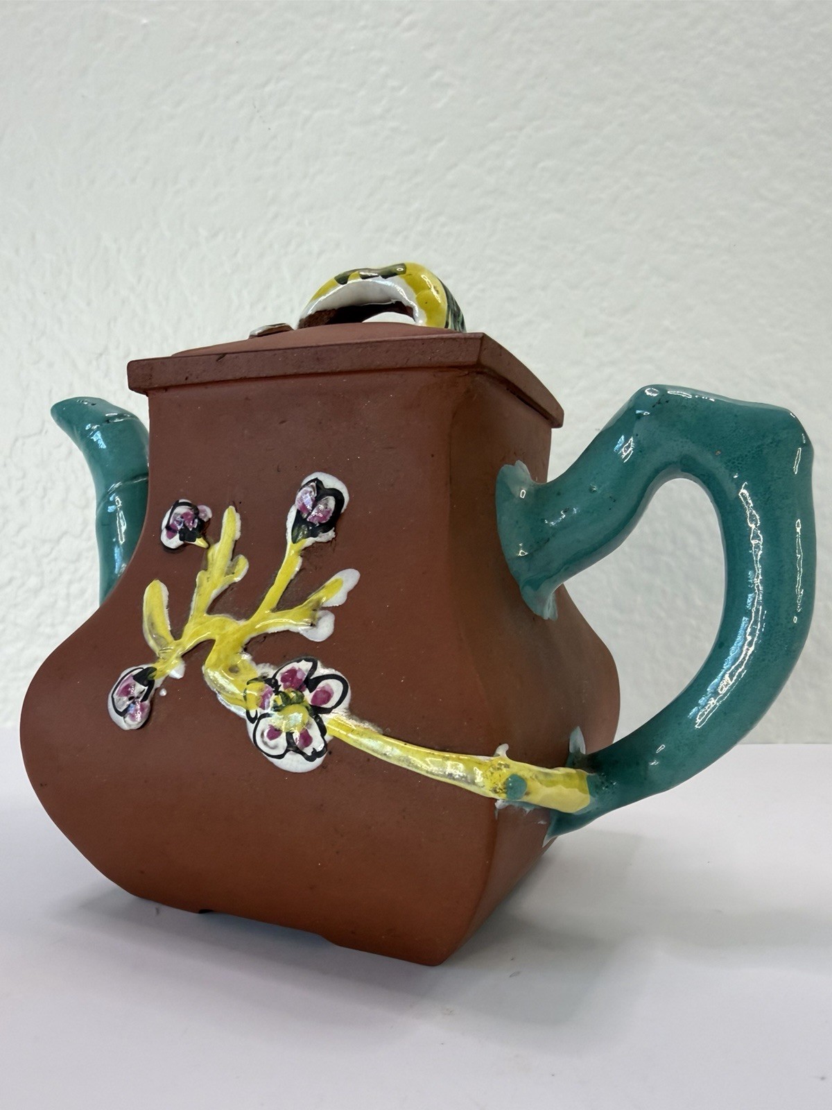 Vintage Chinese Terracotta Teapot Bamboo Spout Handle Plum Blossom Prunus Clay Vintage Chinese Terracotta Teapot Bamboo Spout Handle Plum Blossom Prunus Clay