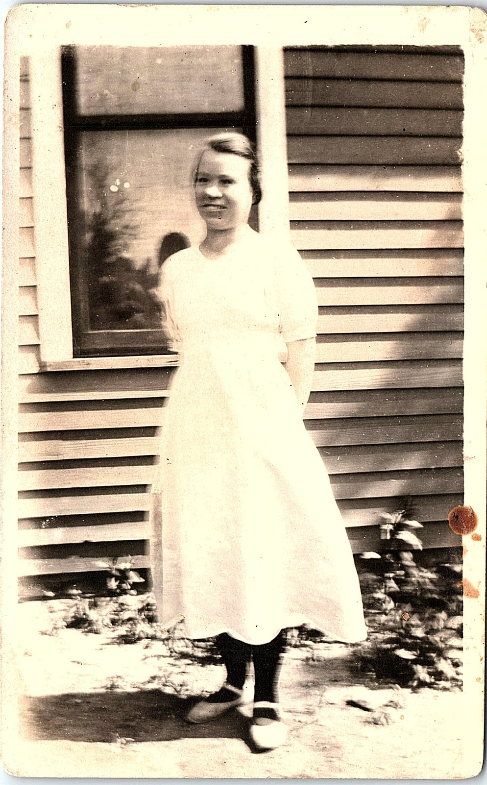 Vintage RPPC Young Woman White Dress Porch Real Photo Postcard