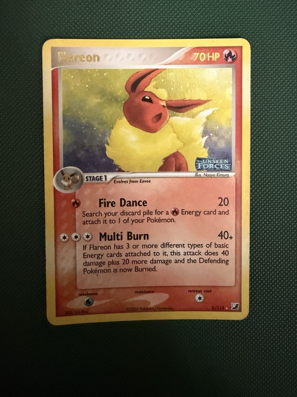 2005 Pokemon EX Unseen Forces Flareon REVERSE Holo Foil Rare 5/115 Stamped 2005 Pokemon EX Unseen Forces Flareon REVERSE Holo Foil Rare 5/115 Stamped