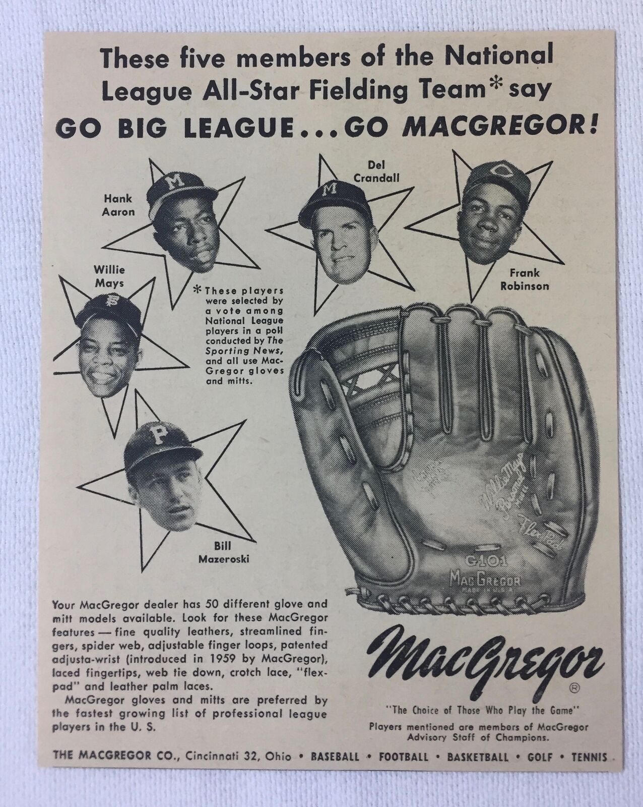 1959 MacGregor ad~HANK AARON,WILLIE MAYS,BILL MAZEROSKI,FRANK ROBINSON,CRANDALL