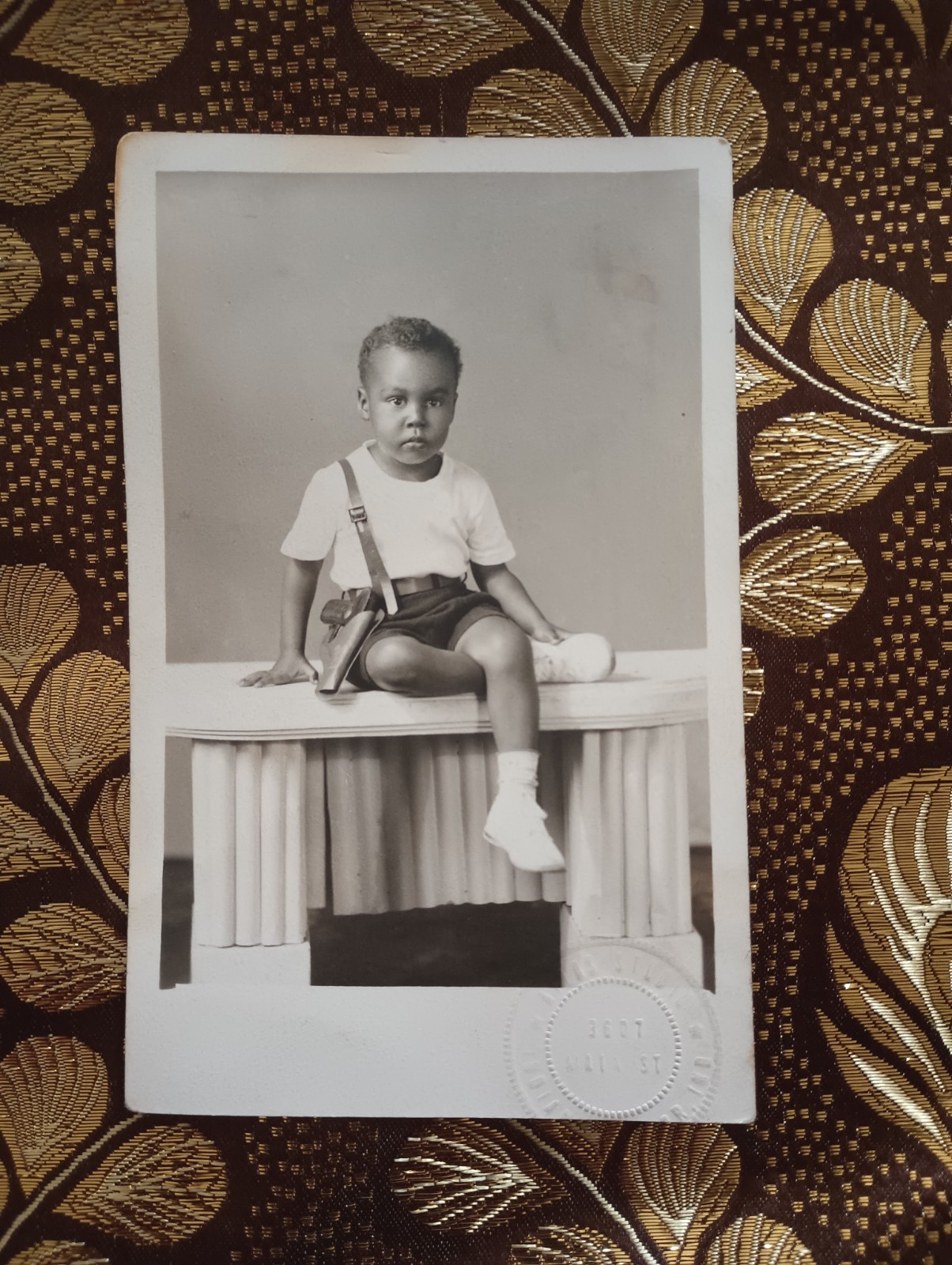 Antique RPPC Black Child w/ Holstered Pistol Atlas Studio Indiana Harbor Framed