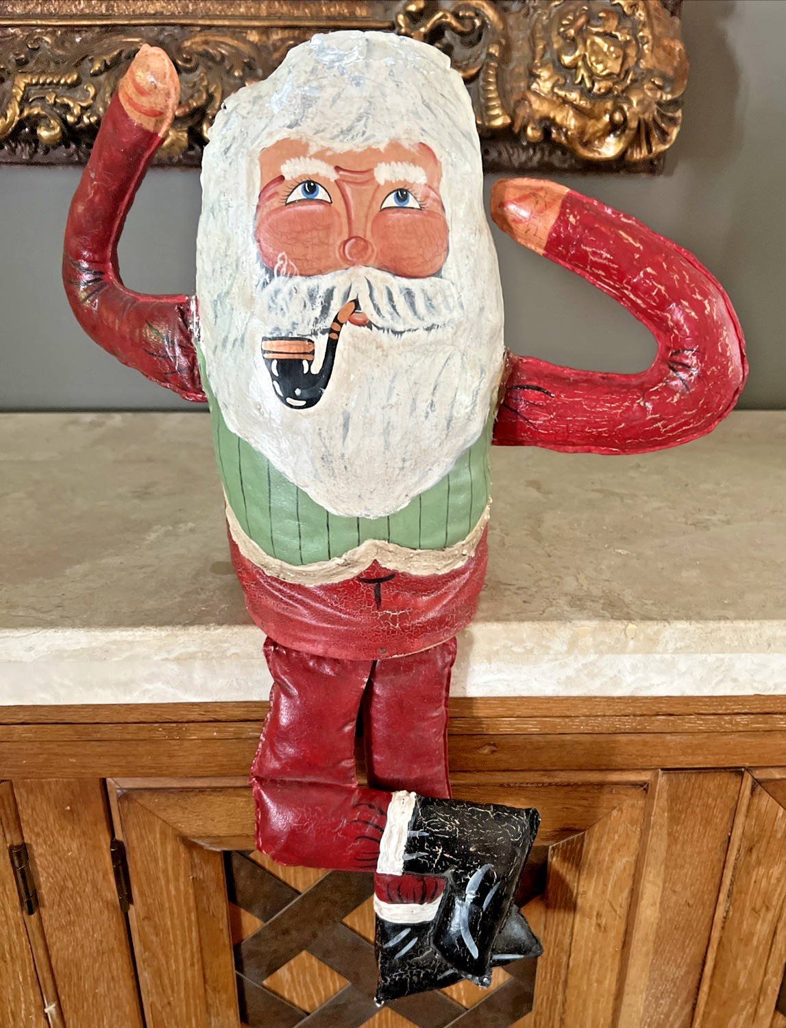 VTG. 1940\'s 50\'s HANDMADE GERMAN SANTA CLAUS SHELF SITTER WAXED FABRIC FOLK ART VTG. 1940\'s 50\'s HANDMADE GERMAN SANTA CLAUS SHELF SITTER WAXED FABRIC FOLK ART