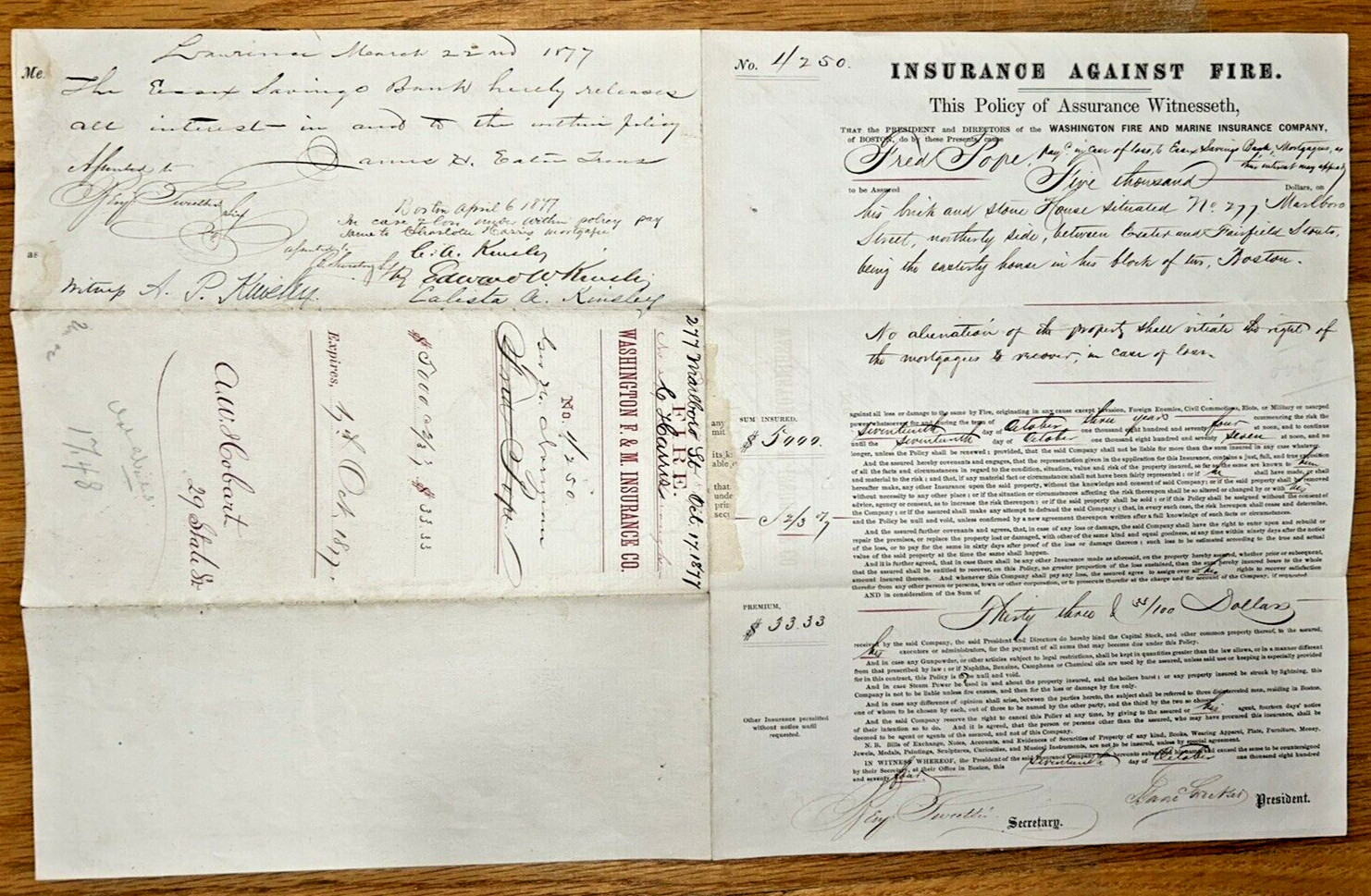 Boston Massachusetts Historical Document 277 Marlboro Street Insurance 1877 Look Boston Massachusetts Historical Document 277 Marlboro Street Insurance 1877 Look