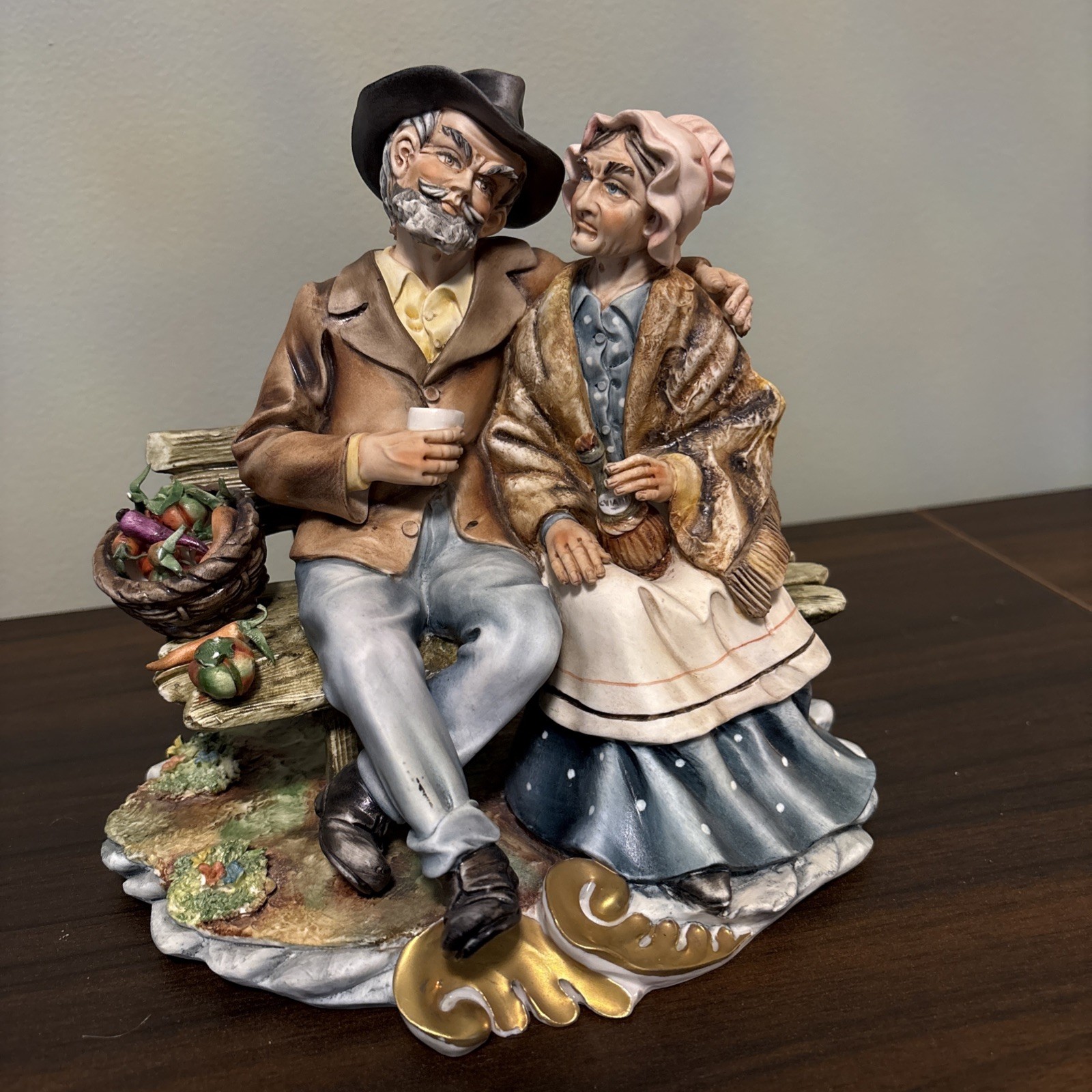 Vintage Capodimonte Italy Porcelain Germano Cortese Old Couple on a Bench Signed