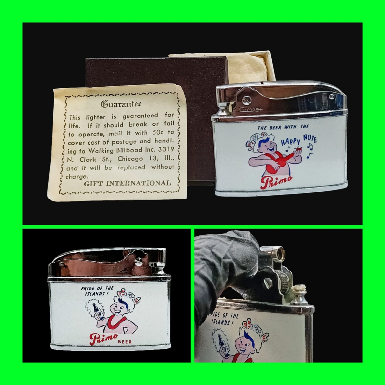 Vintage Hawaiian Primo Beer Double Sided Flat Ad Petrol Lighter w/ Box - UNFIRED