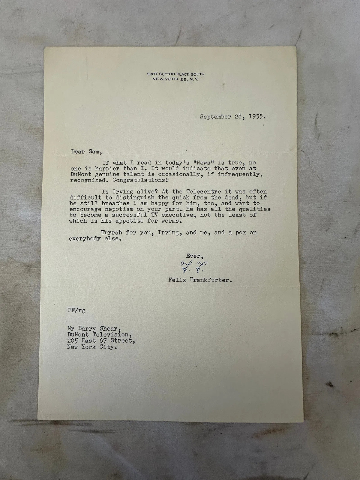 Justice Felix Frankfurter US Supreme Court 1955 Signed Letter Justice Felix Frankfurter US Supreme Court 1955 Signed Letter