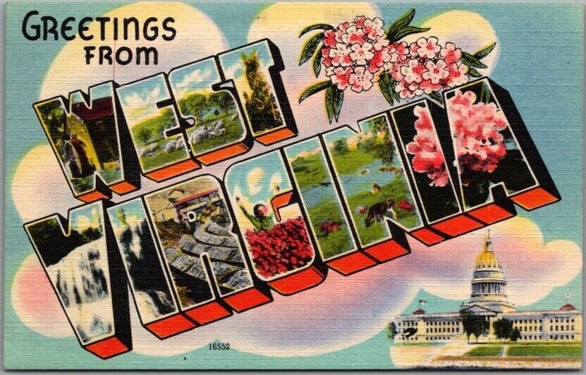 Vintage WEST VIRGINIA Large Letter Postcard w/ State Capitol & Flower - Linen