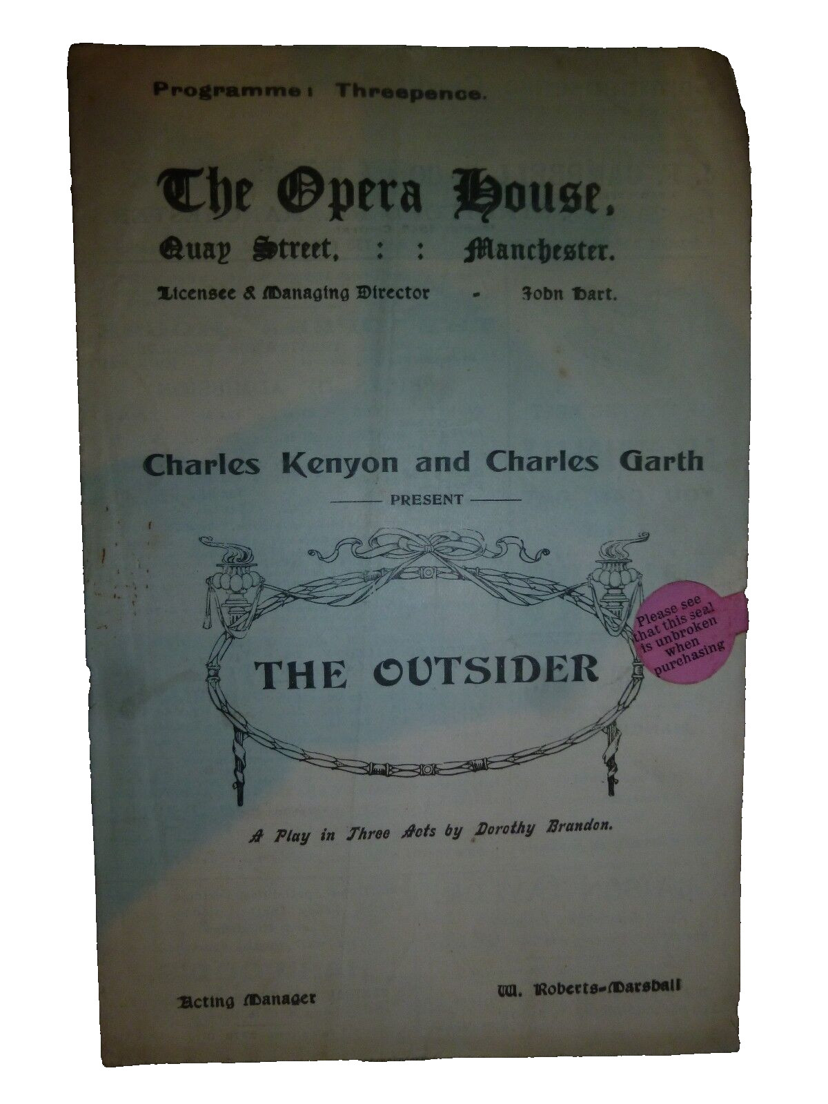 The Outsider - Charles Kenyon Hilda Bayley Opera House Manchester Programme