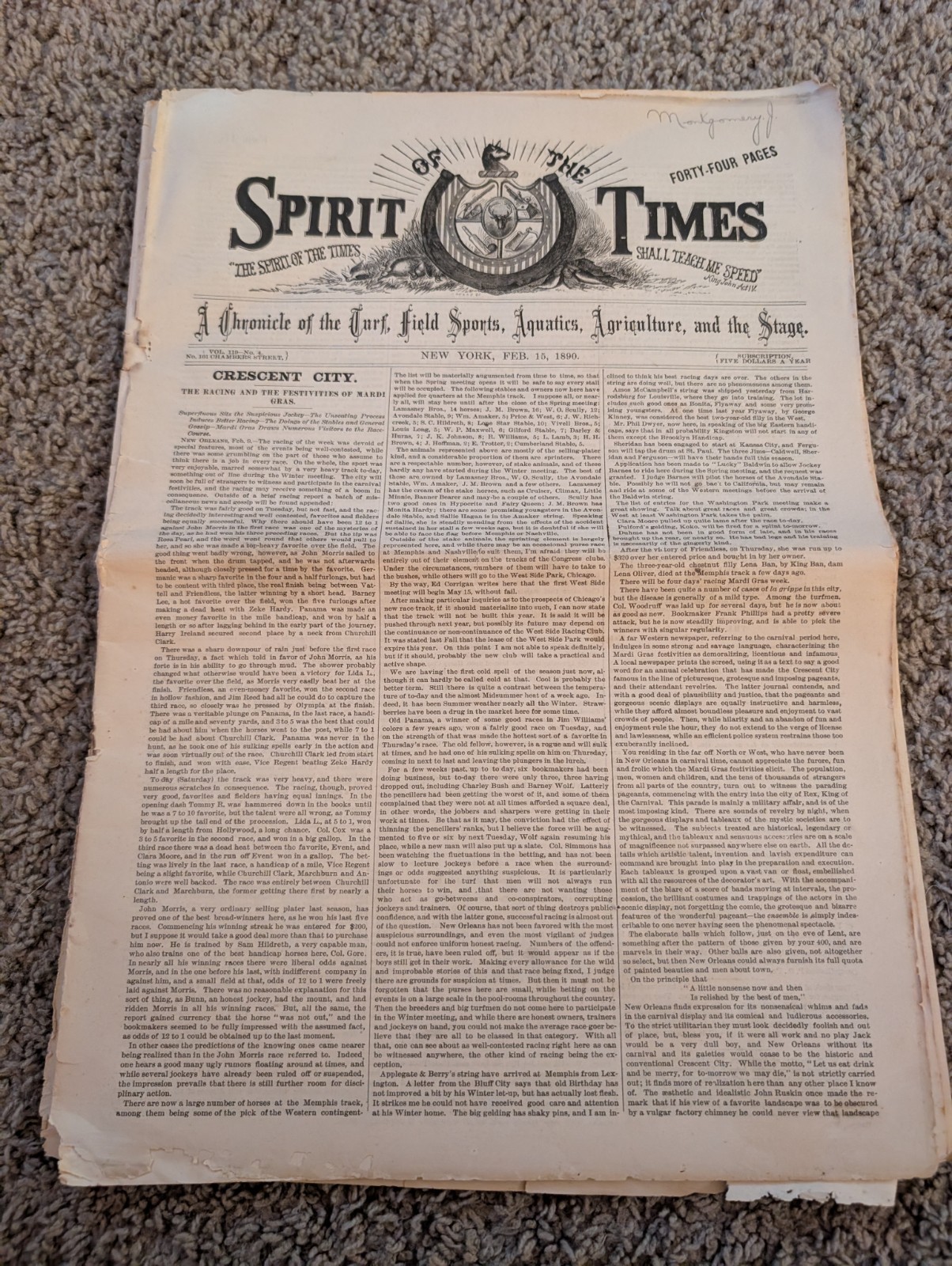 Antique New York, Feb 15, 1890. Spirit of the times Newspaper