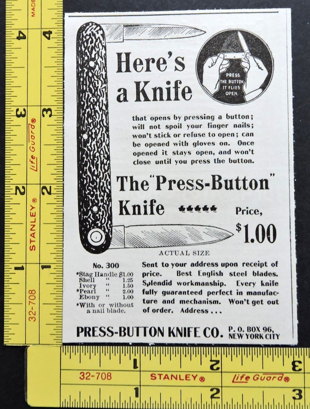 Antique 1896 Ad - Ad - Press-Button Knife Co. Vtg