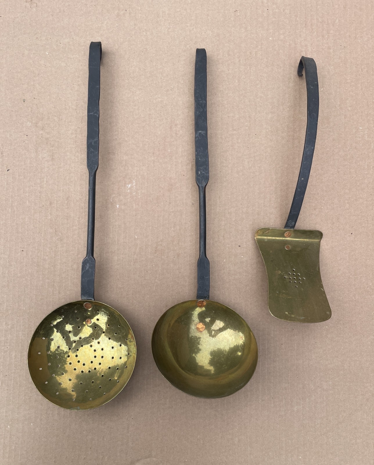 OUTSTANDING Vintage 3 Pc. BRASS LADLE SET Blacksmith Made Wrought Iron Handles OUTSTANDING Vintage 3 Pc. BRASS LADLE SET Blacksmith Made Wrought Iron Handles