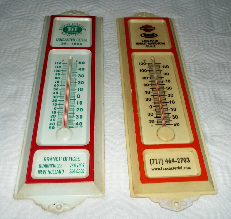 2 VTG. LOCAL THEMOMETERS LANCASTER HARLEY DAVIDSON/BUELL & FARM CREDIT READ #S 2 VTG. LOCAL THEMOMETERS LANCASTER HARLEY DAVIDSON/BUELL & FARM CREDIT READ #S