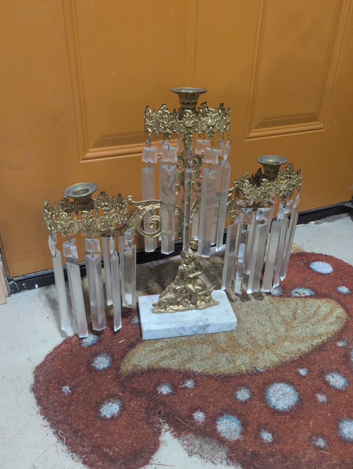 Vtg. Victorian 19th Century Girandoles Brass Marble Crystal Candle Abra