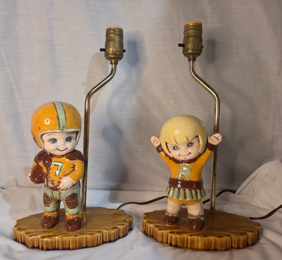 Vintage MCM Atlantic Molds Ceramic Football Player & Cheerleader Table Lamps Set Vintage MCM Atlantic Molds Ceramic Football Player & Cheerleader Table Lamps Set