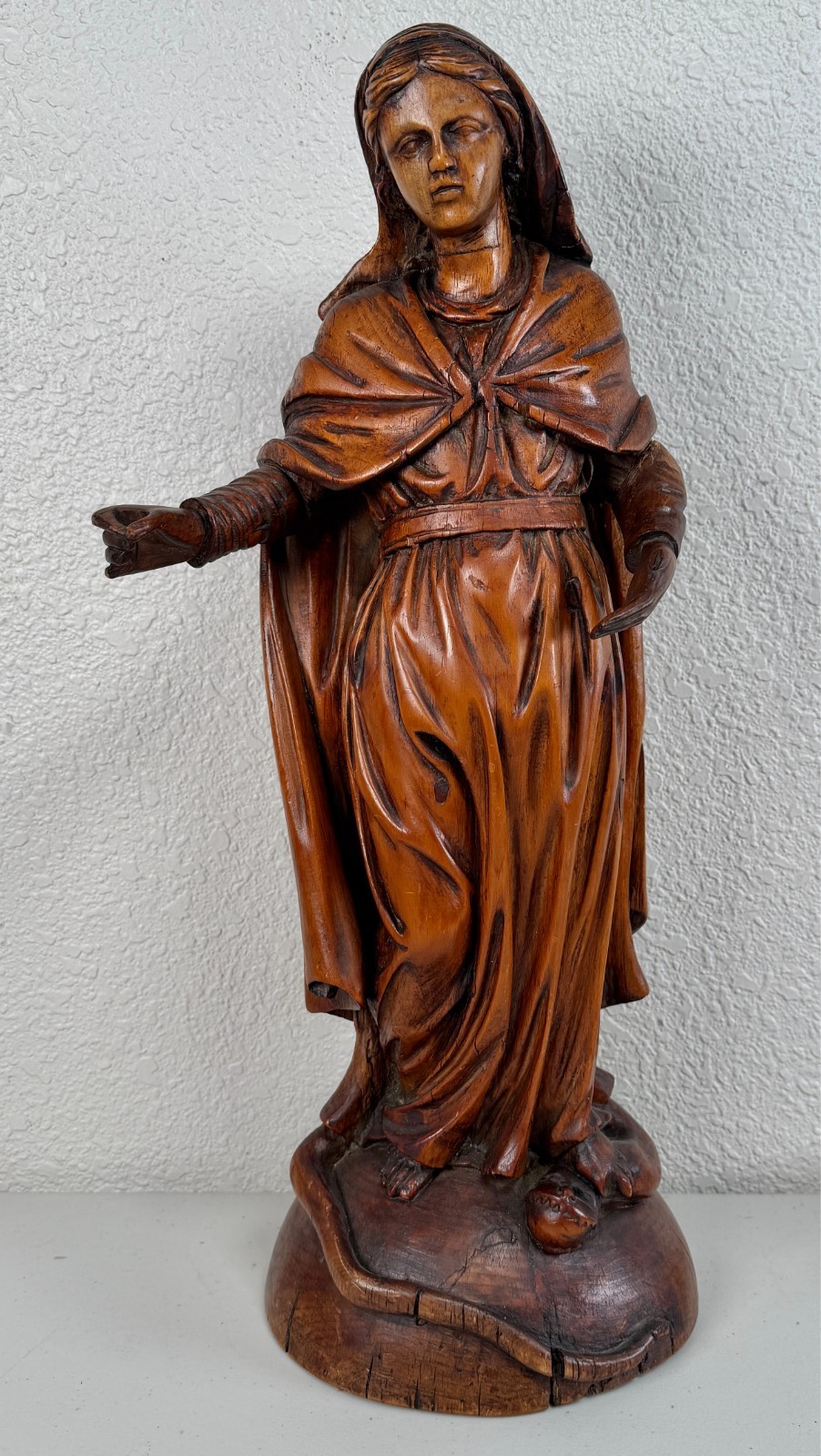 Antique 17th C. French Carved Wood Sculpture Madonna Virgin Mary Serpent Figure Antique 17th C. French Carved Wood Sculpture Madonna Virgin Mary Serpent Figure